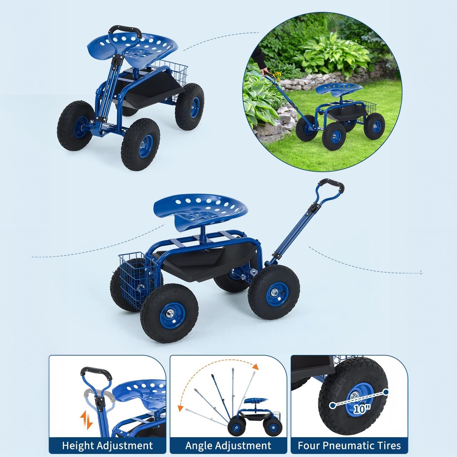 Garvee Blue Rolling Garden Work Seat with Wheels, 360° Swivel Gardening Cart with Extendable Steering Handle, Tool Tray, Storage Basket & 10" Inflatable Tires, 400 lb Capacity Garden Scooter for Yard, Patio & Outdoor Use