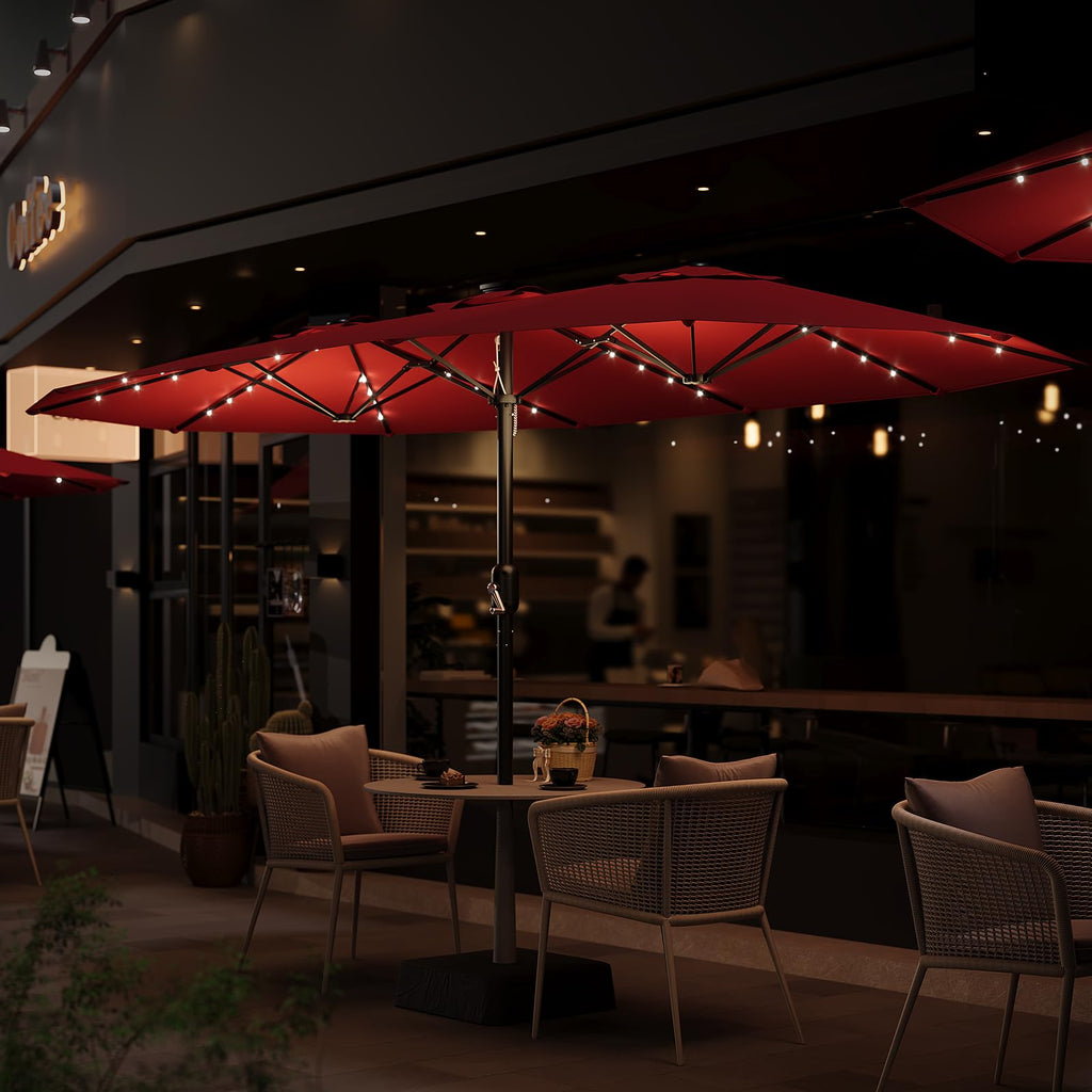 Garvee 15' Rectangular Patio Umbrella with Solar LED Lights & Base, Crank Handle UV-Resistant Outdoor Market Umbrella for Backyard, Pool & Patio, Red