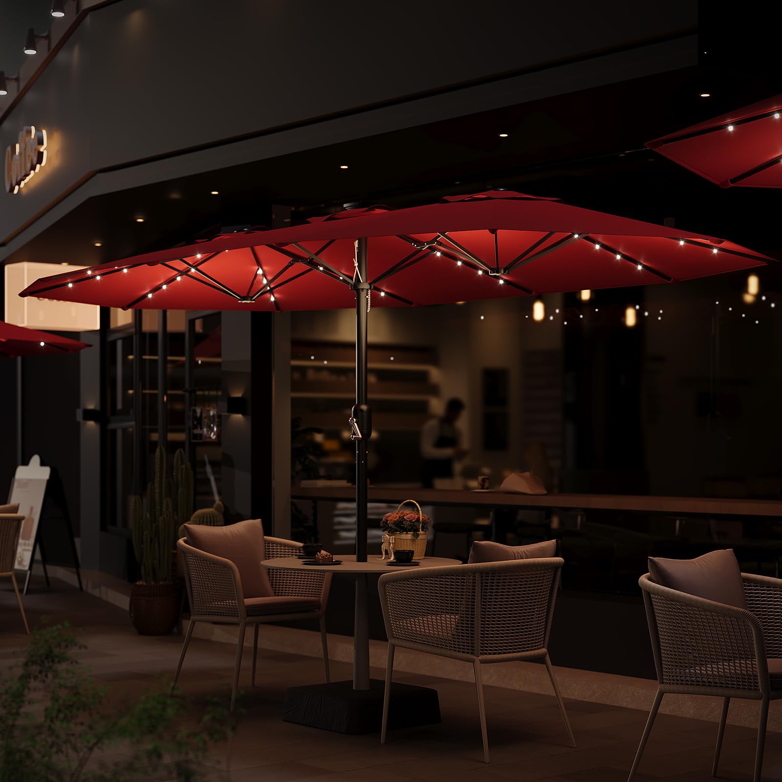 Garvee 15' Rectangular Patio Umbrella with Solar LED Lights & Base, Crank Handle UV-Resistant Outdoor Market Umbrella for Backyard, Pool & Patio, Red