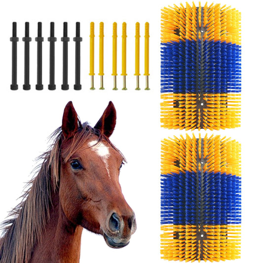 Garvee Heavy-Duty Livestock Scratching Brushes (2-Pack) - Flexible Wall-Mount Barn & Stable Grooming Brush for Horses, Cattle, Goats, and Pigs, Blue & Yellow