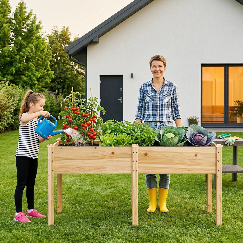 Garvee 72" x 26" Wooden Raised Garden Bed with Legs, Elevated Reinforced Planter Box with Divider Panel & Drainage Holes, Natural Fir Wood Garden Planter for Vegetables, Herbs, Flowers, Patio, Balcony & Backyard