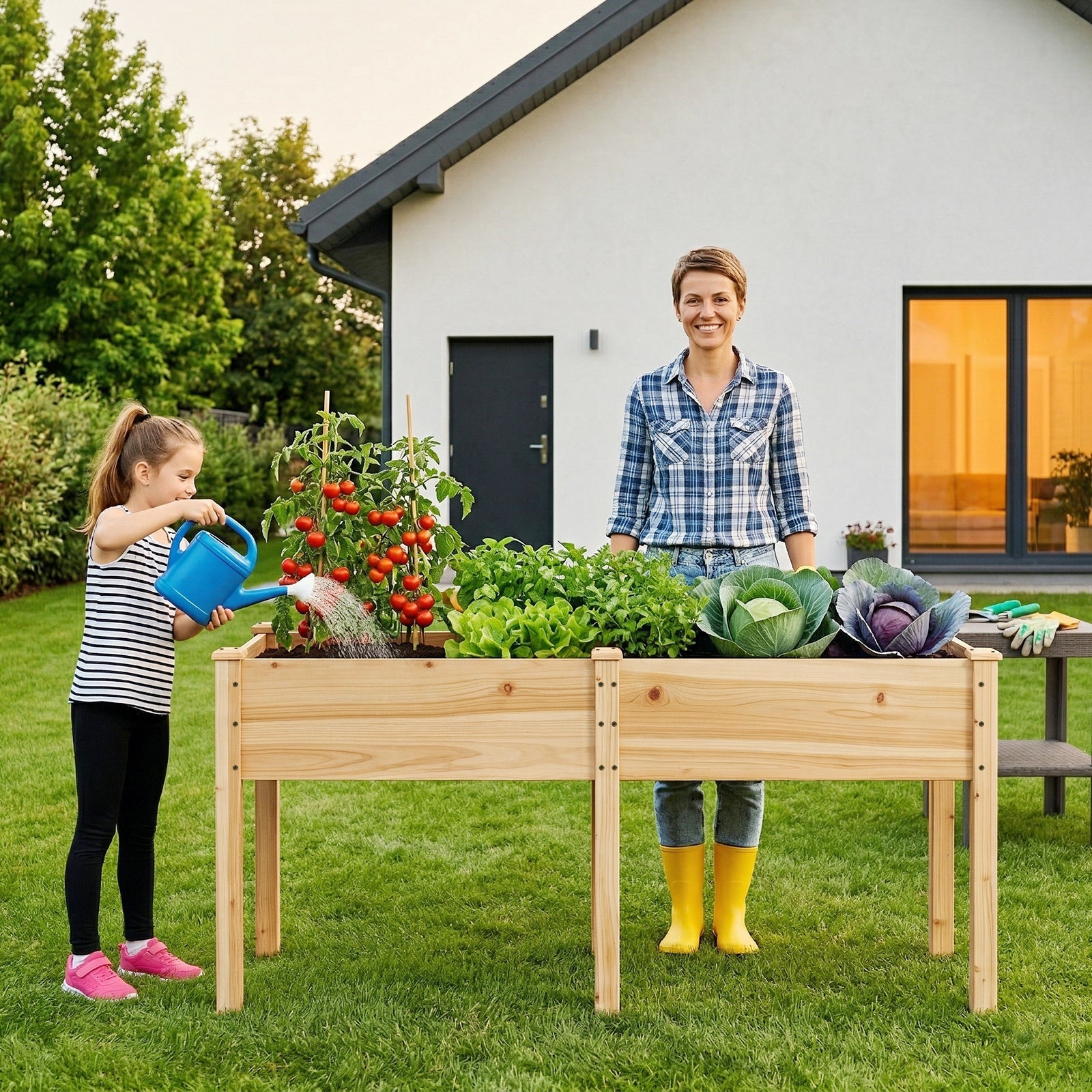 Garvee 72" x 26" Wooden Raised Garden Bed with Legs, Elevated Reinforced Planter Box with Divider Panel & Drainage Holes, Natural Fir Wood Garden Planter for Vegetables, Herbs, Flowers, Patio, Balcony & Backyard