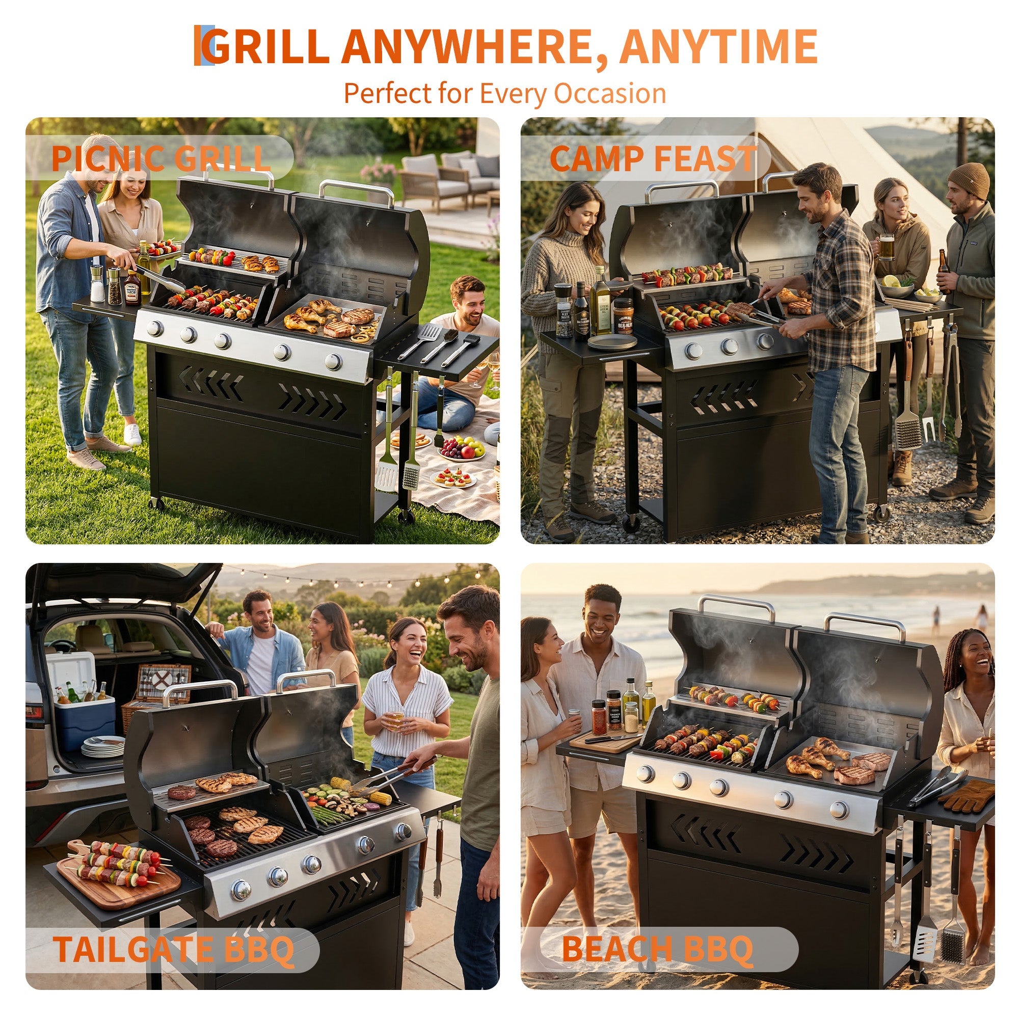 Garvee 5 Burner Propane Gas Grill Griddle Combo with Porcelain Enamel Cast Iron Grate & Cast Iron Pan – Dual BBQ Grill with Flat Top Griddle, 40,000 BTU Large Outdoor Gas Grill for Backyard Kitchen