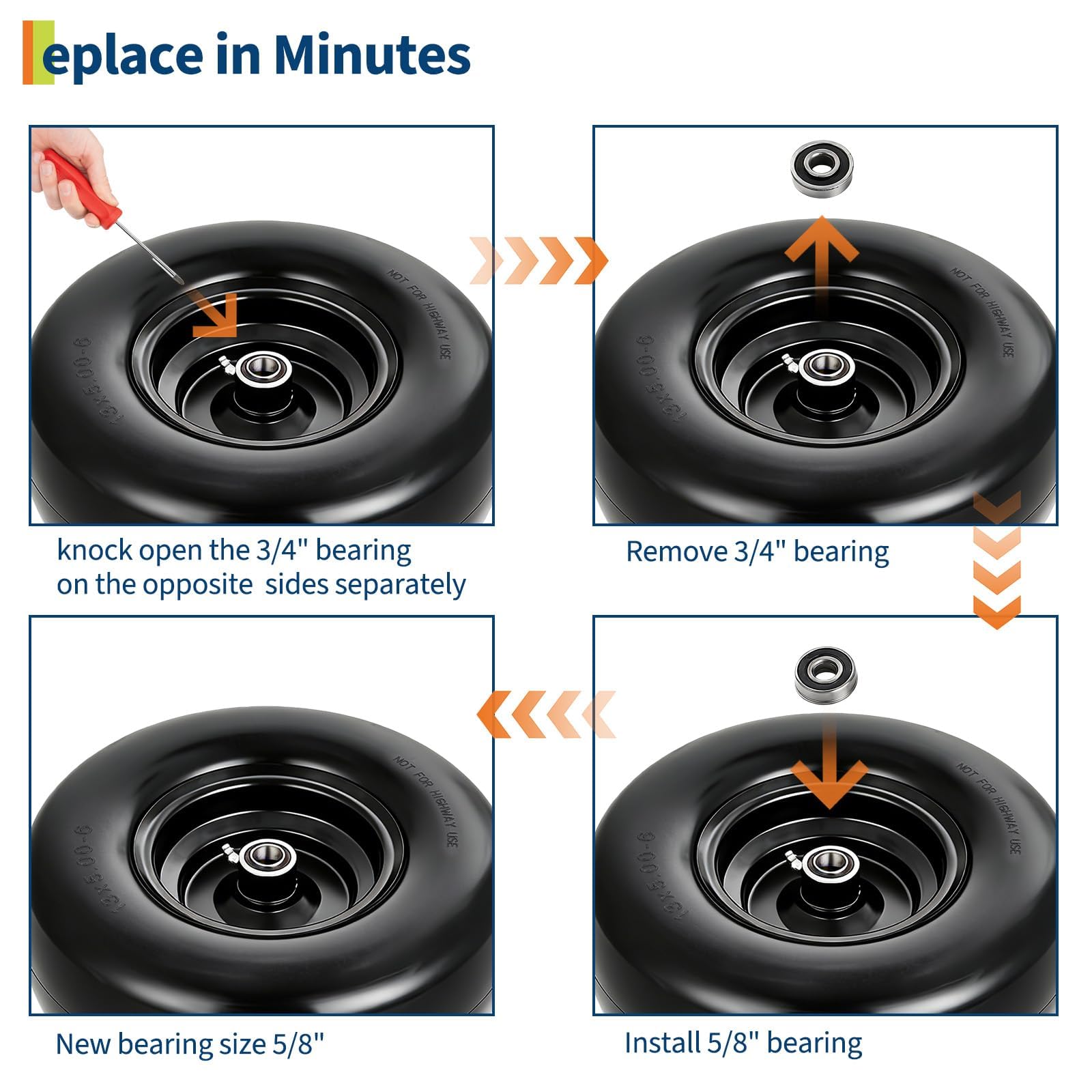 Garvee 13X5.00-6 Flat Free Golf Cart Tire and Wheel Set - Polyurethane, Heavy Duty 353 lbs Capacity, Steel Rim, Multiple Bushings, Lawn Mowers & Utility Carts