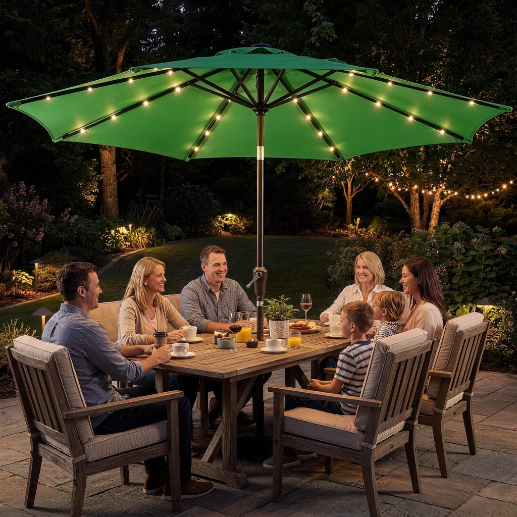Garvee 10 FT Solar LED Patio Umbrella with 32 Lights, Round Outdoor Market Umbrella with Crank Lift, Push-Button Tilt and 8 Iron Ribs for Table, Deck, Garden and Pool, Dark Green