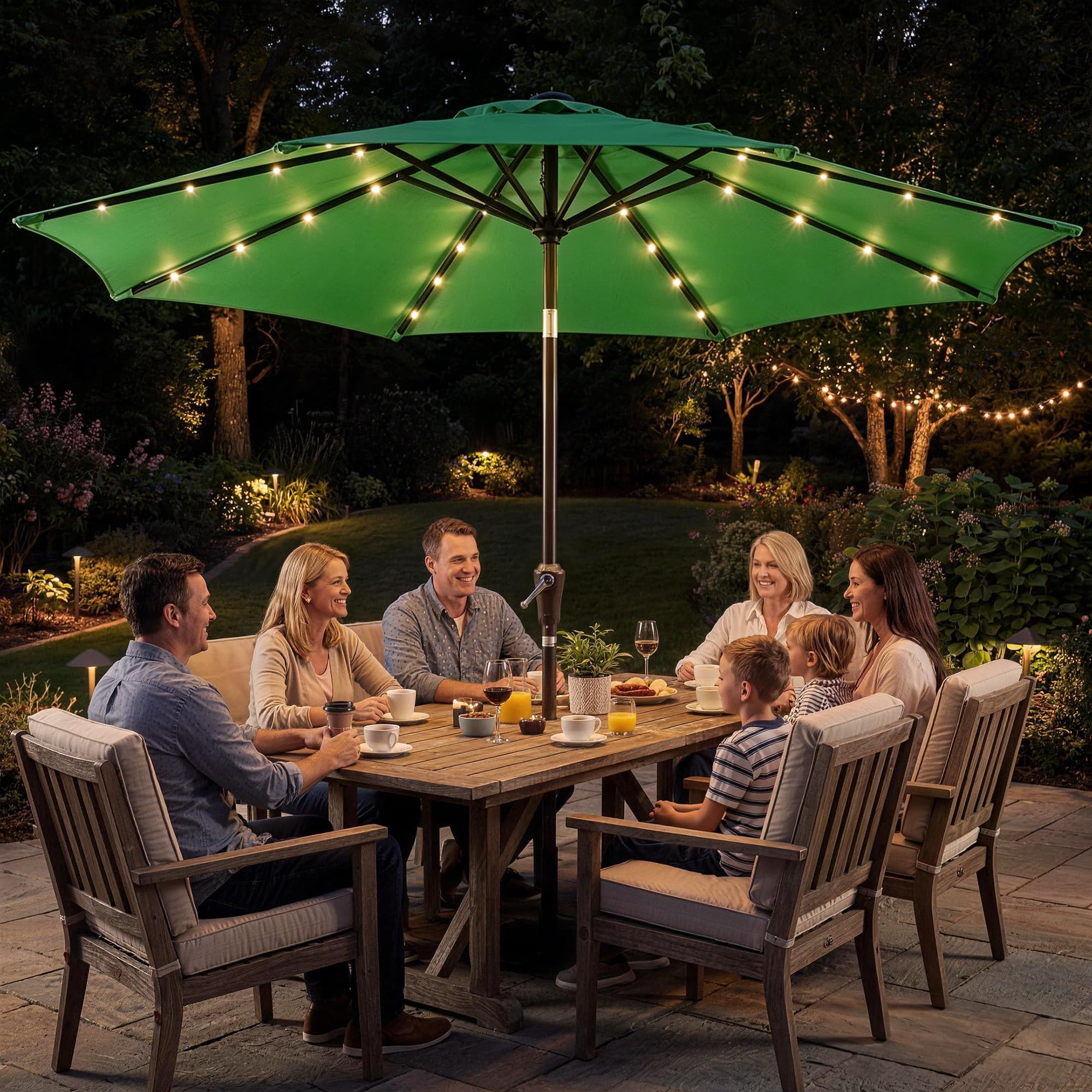 Garvee 10 FT Solar LED Patio Umbrella with 32 Lights, Round Outdoor Market Umbrella with Crank Lift, Push-Button Tilt and 8 Iron Ribs for Table, Deck, Garden and Pool, Dark Green