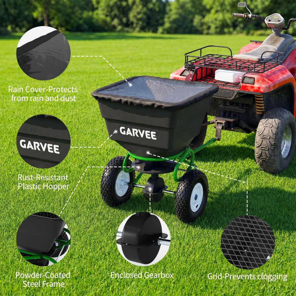 Garvee Tow-Behind Broadcast Spreader, 110 lbs Capacity with 10-Inch Pneumatic Tires, Universal Hitch and Feeder Cover for Seed, Fertilizer and Salt, Green