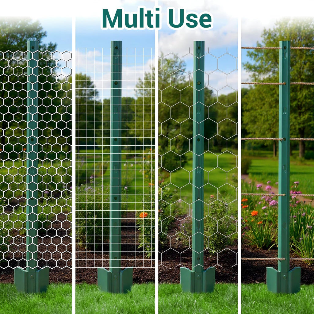 Garvee Heavy-Duty Steel U-Channel Fence Posts with Anchor Plates – 5ft No-Dig Metal Stakes (10-Pack, Green)