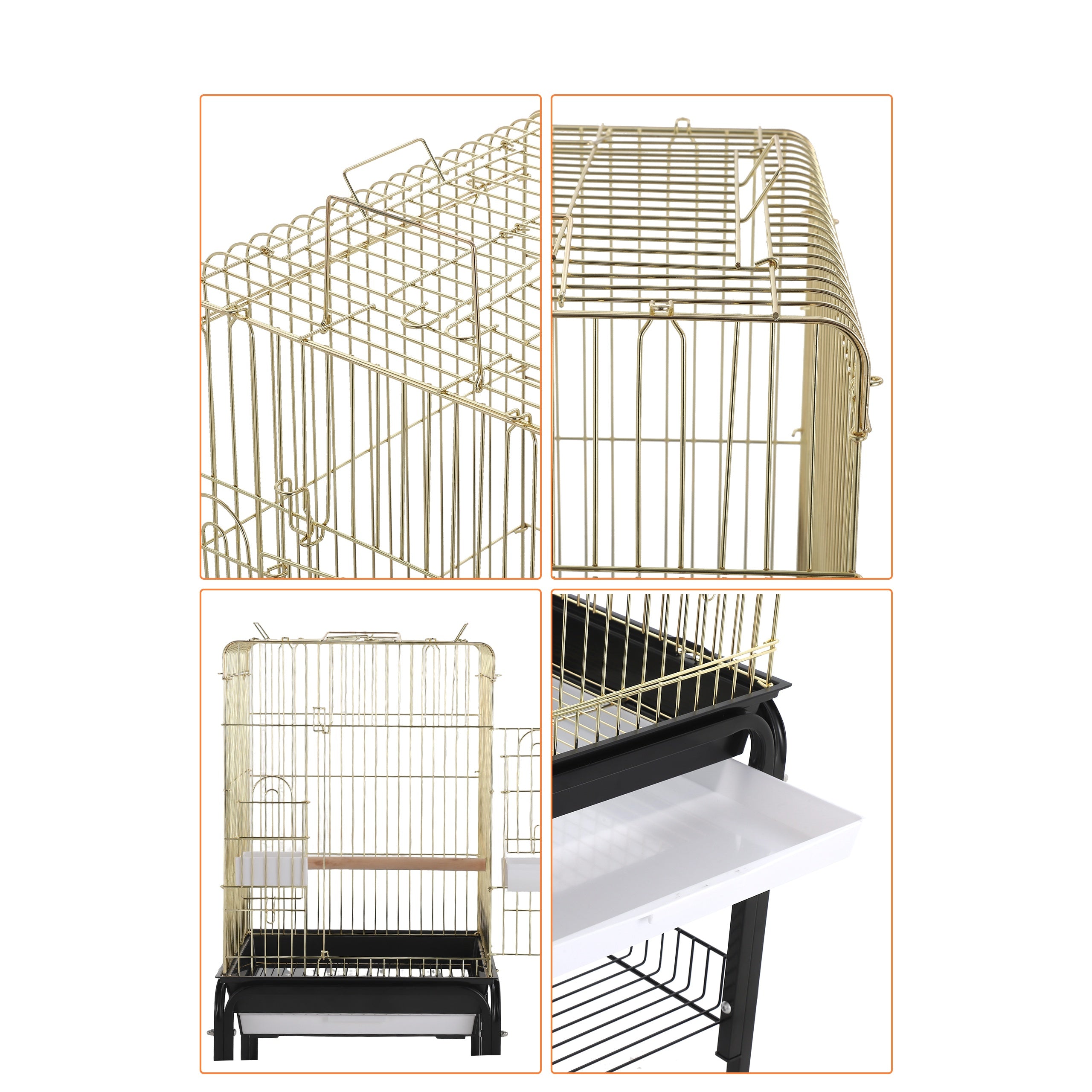 Garvee Large Open-Top Bird Cage with Rolling Stand – Removable Tray, Extra Storage, Breakable Casters, Indoor/Outdoor Use – Black Frame Gold Cage Body, Model 1038+10#
