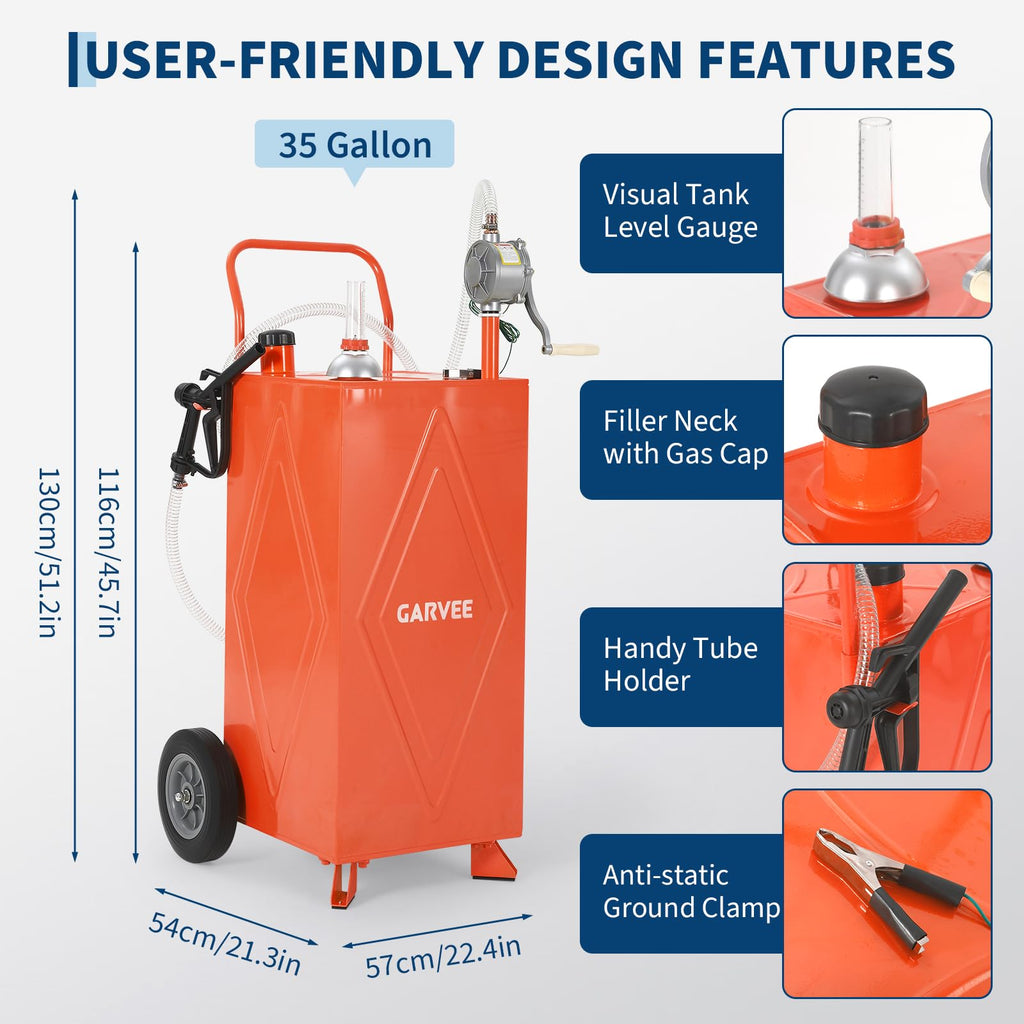 Garvee 35 Gallon Portable Fuel Gas Caddy Storage Tank – Reinforced 2-Wheel, 2-Support Design, Manual Rotary Pump, Fuel Hose, Wide Fill Neck, Level Gauge, Grounding Clamp – Mobile Gasoline/Fuel Transfer Tank for ATV, Tractor, Lawn Mower, Car, Boat –