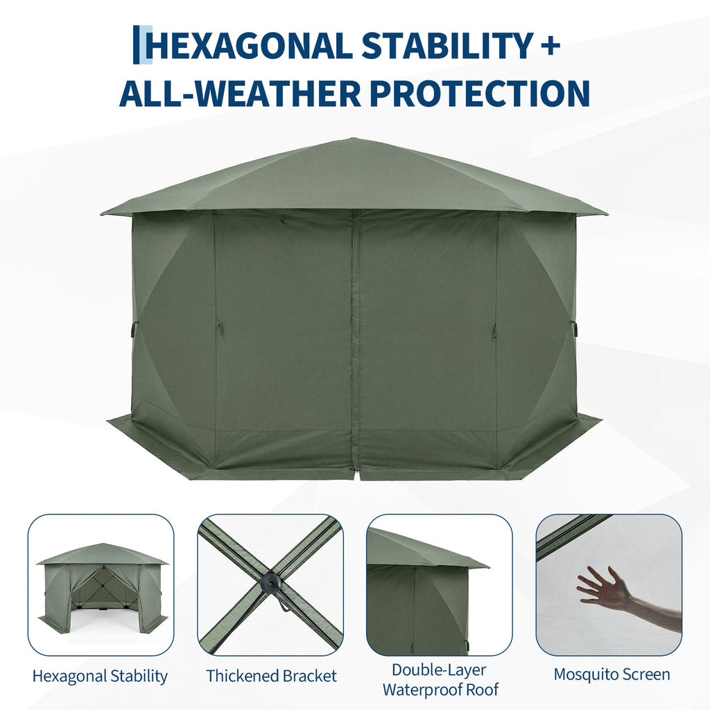 Garvee Screen Gazebo Tent, 13 x 13 FT 6-Sided Canopy for 8-10 People with 7.5 FT Height, Removable Wind Cloth and Carry Bag for Backyard Camping, Green and Gray