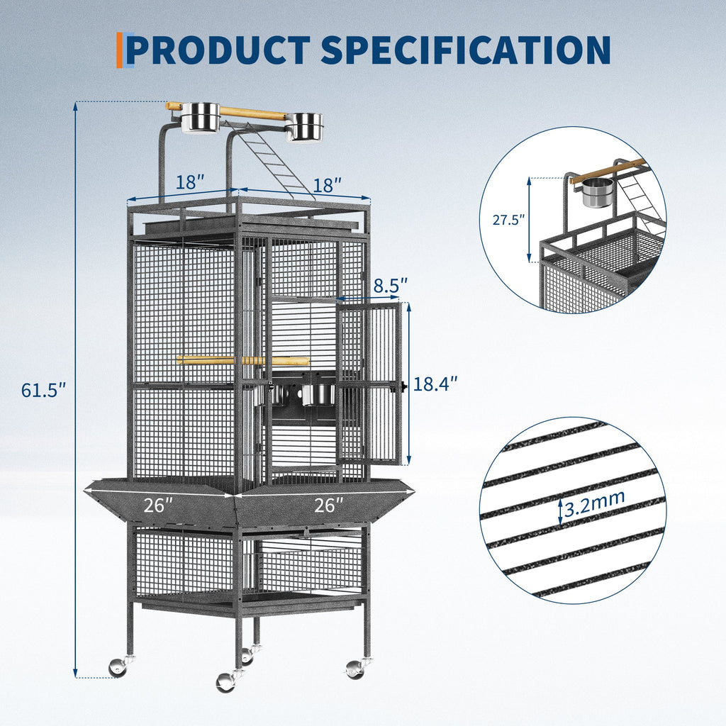 Garvee 61 Inch Large Metal Bird Cage with Play Top & Rolling Stand – Stainless Steel & Wood Aviary for Macaws, Cockatoos, Conures, Parakeets, Cockatiels – Spacious Indoor Cage – Exploding Silver