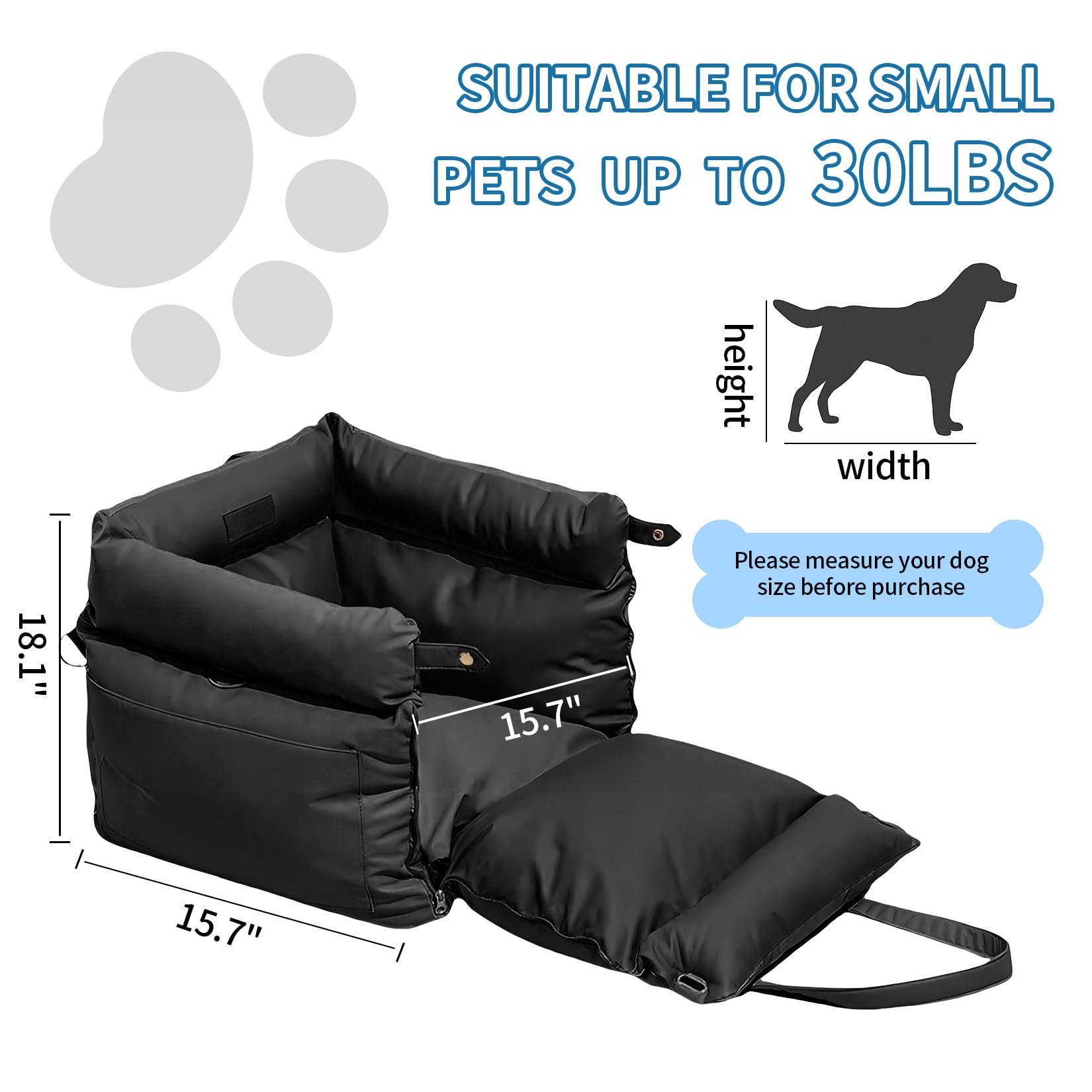 Garvee Dog Booster Car Seat, Waterproof PU Leather Upholstered Cat Bed for Car with Storage Pockets, Portable Pet Seat, Bite-Resistant, Perfect for Travel and Home, Black