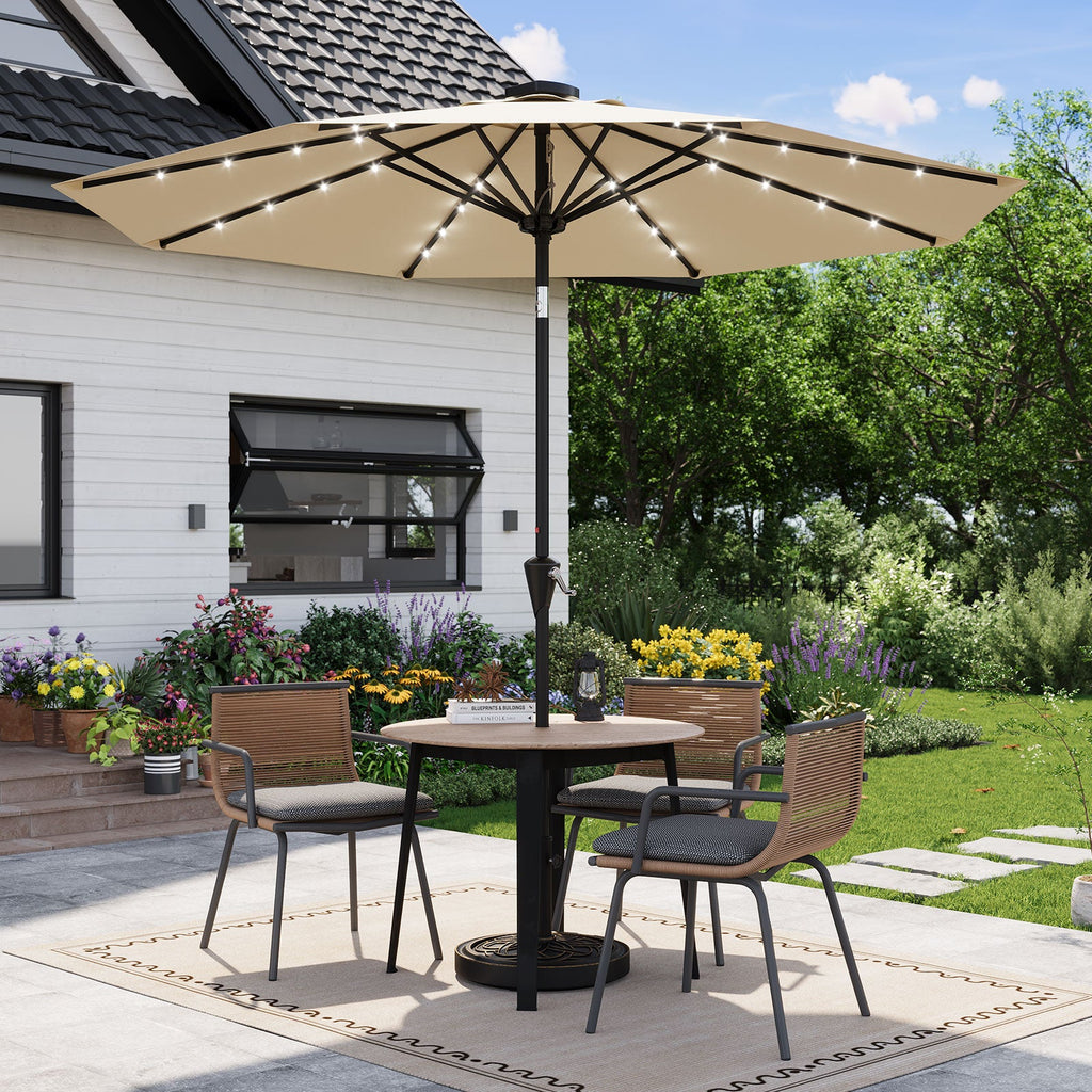 Garvee 9FT Solar LED Patio Umbrella, Waterproof Outdoor Market Table Umbrella with 8 Ribs, Crank Lift, Push Button Tilt, UV Protection for Garden, Pool & Deck, Beige