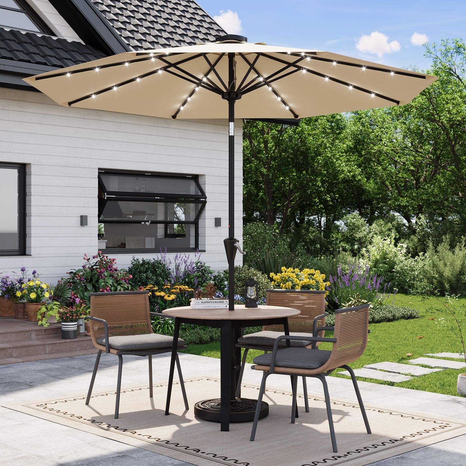Garvee 9FT Solar LED Patio Umbrella, Waterproof Outdoor Market Table Umbrella with 8 Ribs, Crank Lift, Push Button Tilt, UV Protection for Garden, Pool & Deck, Beige
