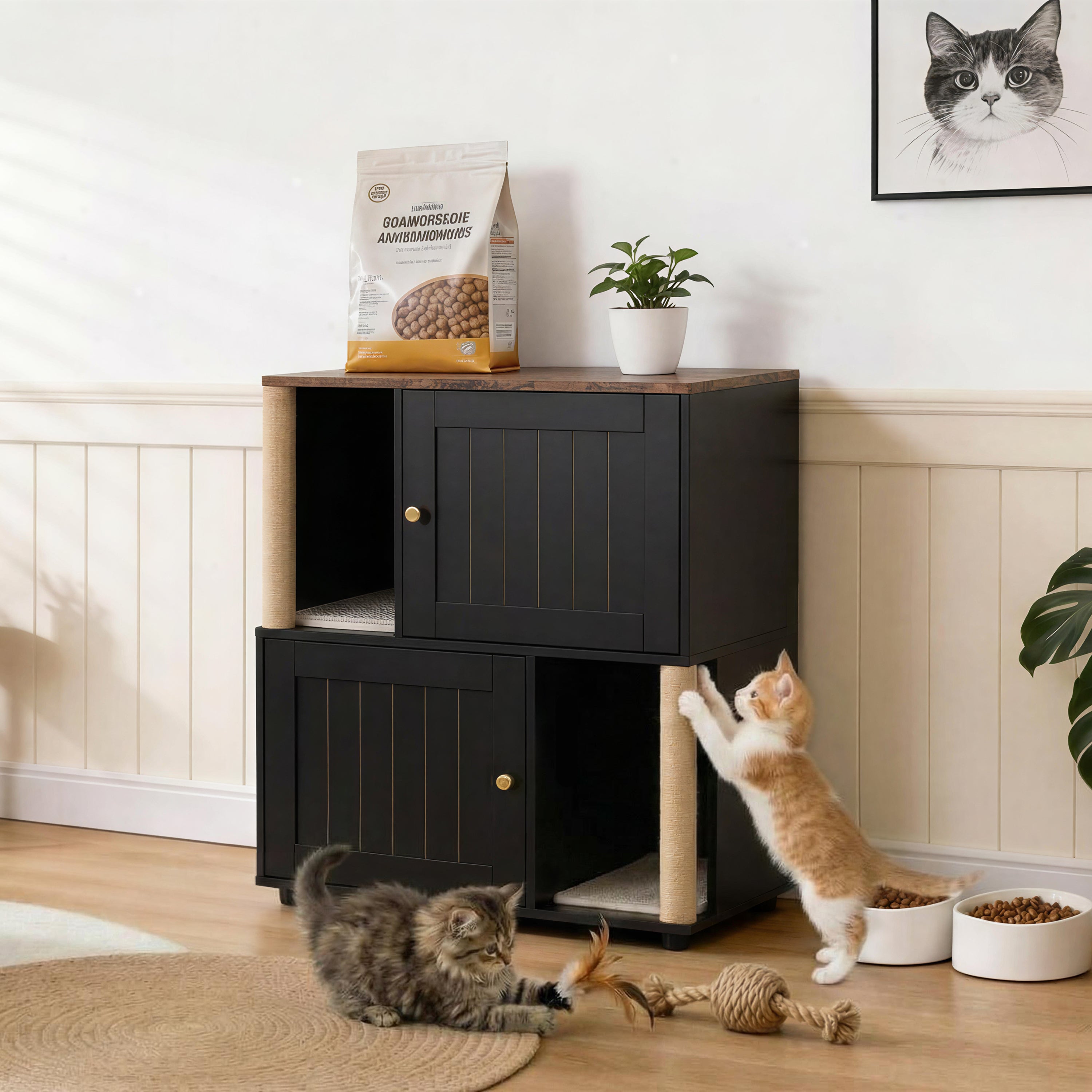 Garvee Double Cat Litter Box Enclosure Furniture for 2 Cats – 2-Tier Modern Wooden Cabinet with Hidden Litter, Sisal Marking Posts, Dual Mats, Odor Control, End Table Storage – Grooved Black Door