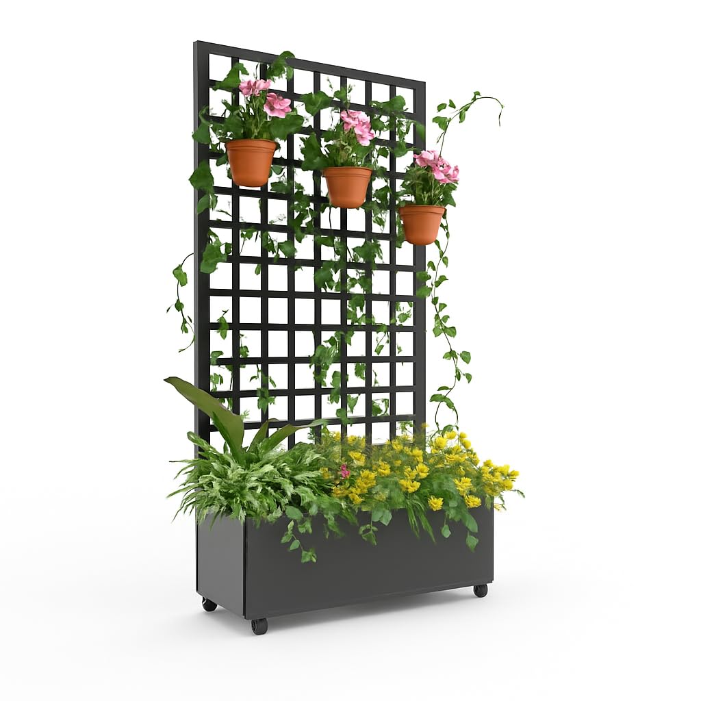 Garvee Galvanized Metal Raised Garden Bed with Square Lattice Trellis and Wheels – 72"x35" Outdoor Planter Box for Climbing Plants, Vines, Vegetables – Privacy Screen, Black Finish – Size: Small