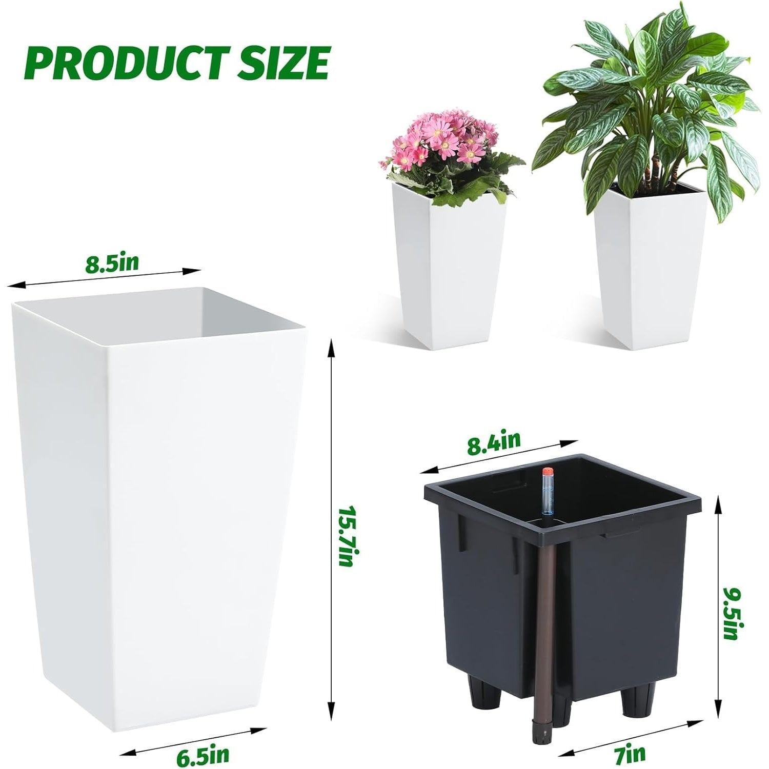 Garvee Self-Watering Tall Planters, Set of 4, 16 in White Plastic Flower Pots with Water Level Gauge, Inner Bucket & Drainage for Indoor Outdoor Patio, Porch and Balcony