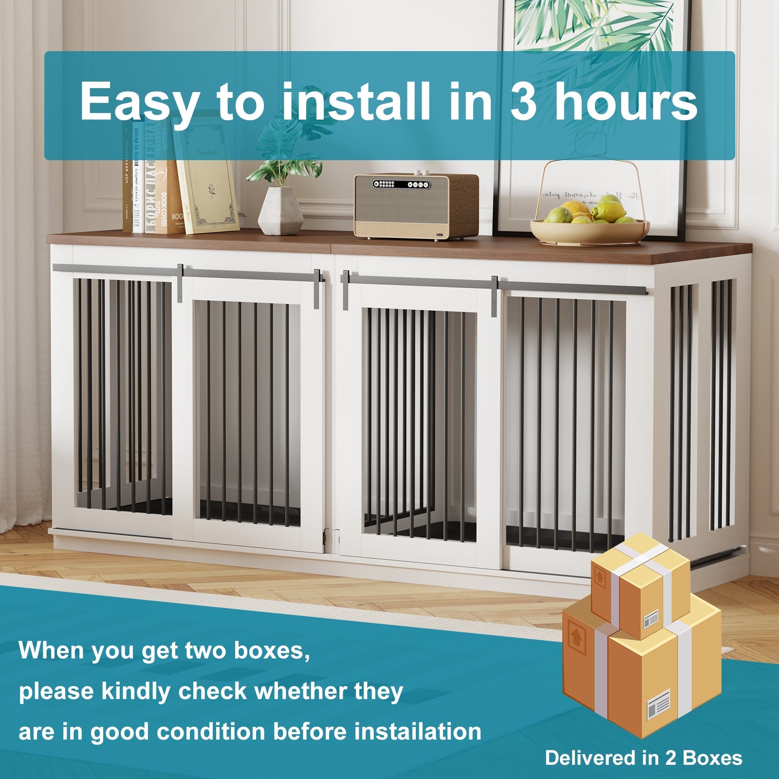 Garvee Heavy Duty Double Dog Crate Furniture for Large and Medium Breeds – Wooden Indoor Kennel with Sliding Barn Doors, Removable Divider, 2 Trays, Modern End Table Design – Color: White