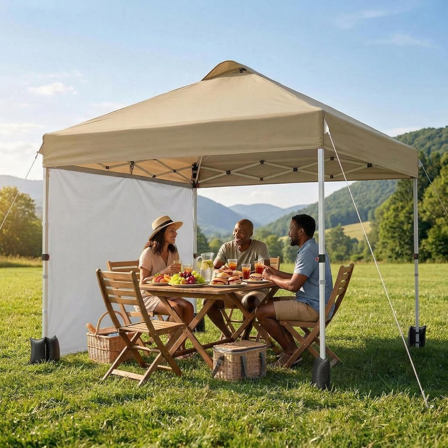 Garvee 10x10 Pop Up Canopy Tent with Sidewall, Instant Outdoor Canopy Shelter with Vented Roof, One Push Easy Setup Gazebo Includes Wheeled Storage Bag, Sandbags, Stakes & Ropes for Camping, Picnic & Backyard, Khaki