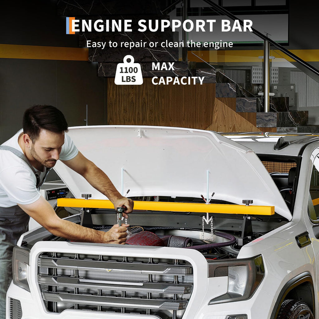 Garvee Engine Support Bar, 1100LBS Transverse Hoist - Dual Hooks & 2-Point Lift Holder for Garage & Auto Repair - Includes 1.5m Load Tone Controller, a Pair of Gloves, Yellow