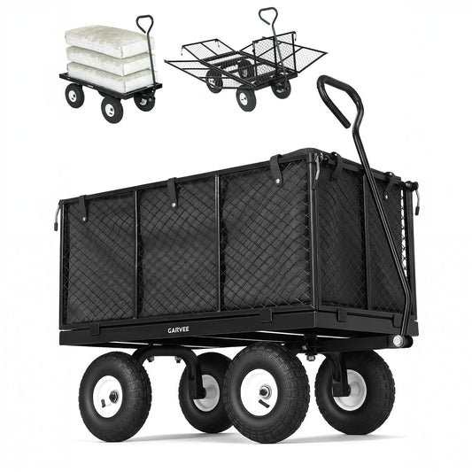 Garvee 800LBS Heavy Duty Steel Garden Cart Wagon with 10" Pneumatic Tires, Removable Mesh Sides, 180° Rotating Handle & Waterproof Bag, Utility Yard Trailer for Lawn, Garden & Farm, Black