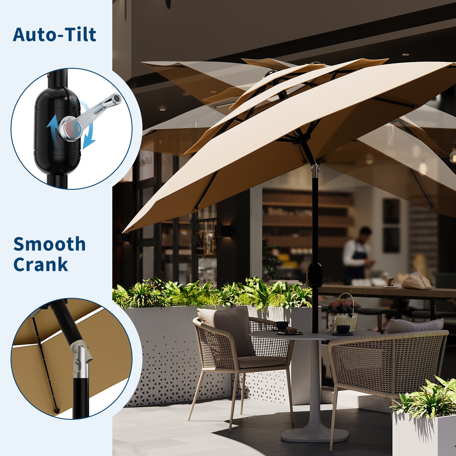 Garvee 10' Outdoor Patio Umbrella, 3-Tier Vented Canopy with Crank Tilt, 8 Ribs, Tan