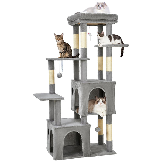 Garvee 61" Multi-Level Cat Tree for Indoor Cats, Heavy-Duty Tower for Large Adult & Maine Coon Cats with Oversized Perch, Dual Condos, Natural Sisal Scratching Posts & Play Toys – Light Gray