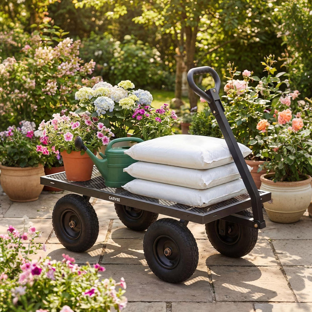 Garvee 1200 lb Heavy-Duty Steel Garden Cart, All-Terrain Utility Wagon with 13" Pneumatic Tires, Removable Mesh Sides, 180° Rotating Handle & Flatbed Design for Lawn, Yard, Farm, Landscaping, Gray