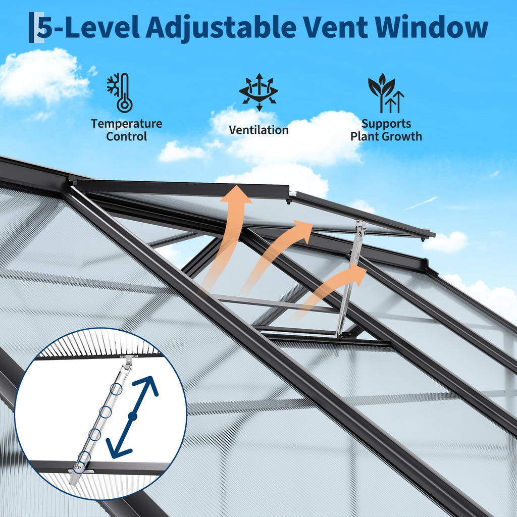 Garvee 8×6FT Aluminum Frame Greenhouse with Polycarbonate Panels, Lockable Door, Adjustable Roof Vent, Side Gutter, Backyard Garden Use