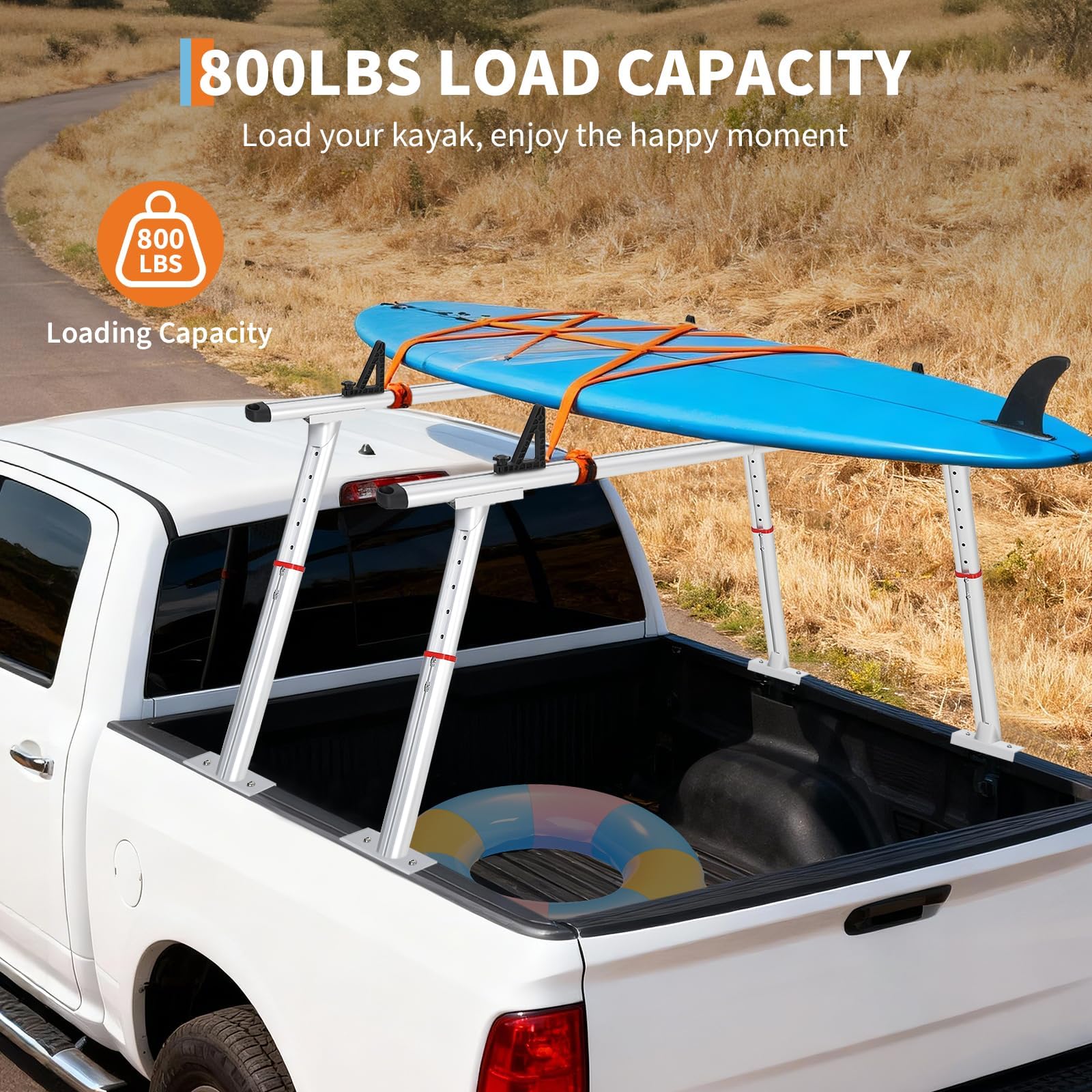 Garvee Truck Rack, 35.4-71in Adjustable Width Ladder Rack for Truck, Aluminum 800 Lbs Capacity, Heavy Duty Truck Bed Rack, Stable Drilling Cargo Support System for Kayak, Surfboard, Lumber, Silver