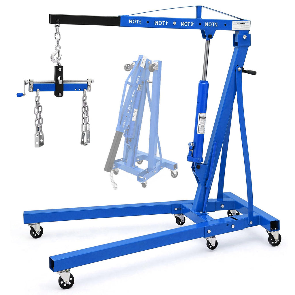 Garvee Engine Hoist 2 Ton Heavy Duty Folding Hydraulic Lift with Telescopic Boom, 6 Iron Casters, Carbon Steel, Lever, Blue - Workshop & Garage Use