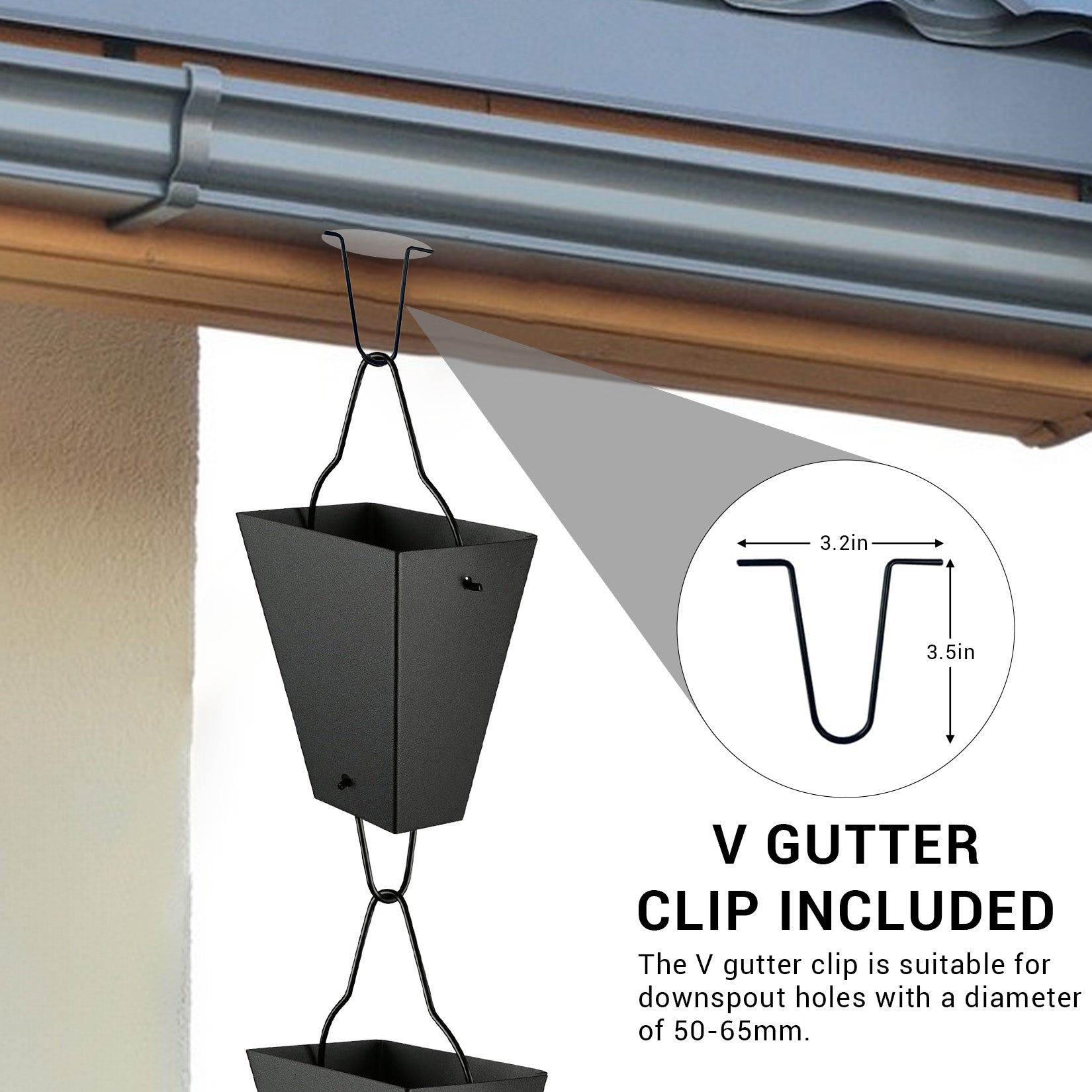 Garvee 10.5 ft Square Cup Rain Chain, Decorative Matte Black Metal Gutter Downspout Replacement with Hanging Hook for Garden, Patio and Home Exterior