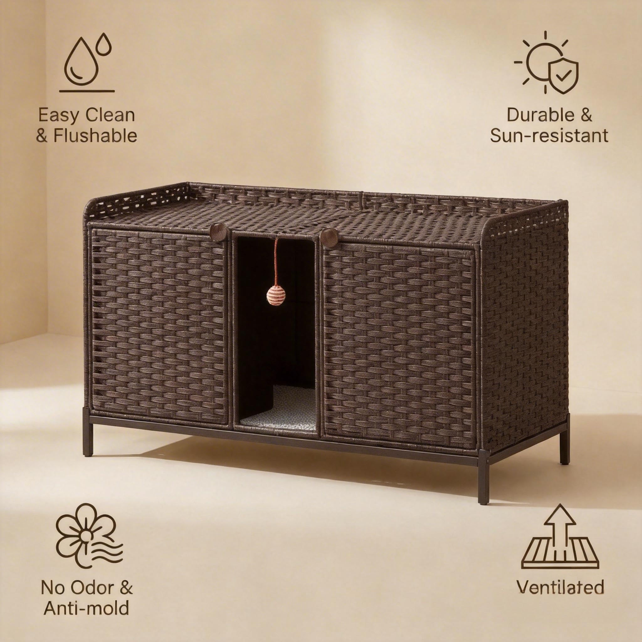 Garvee Handwoven Rattan Cat Litter Box Enclosure - Hidden Cat Washroom Cabinet with Door, Mat & S-Shaped Hooks - Spacious Stylish Cat Furniture for Living Room or Bedroom - Brown