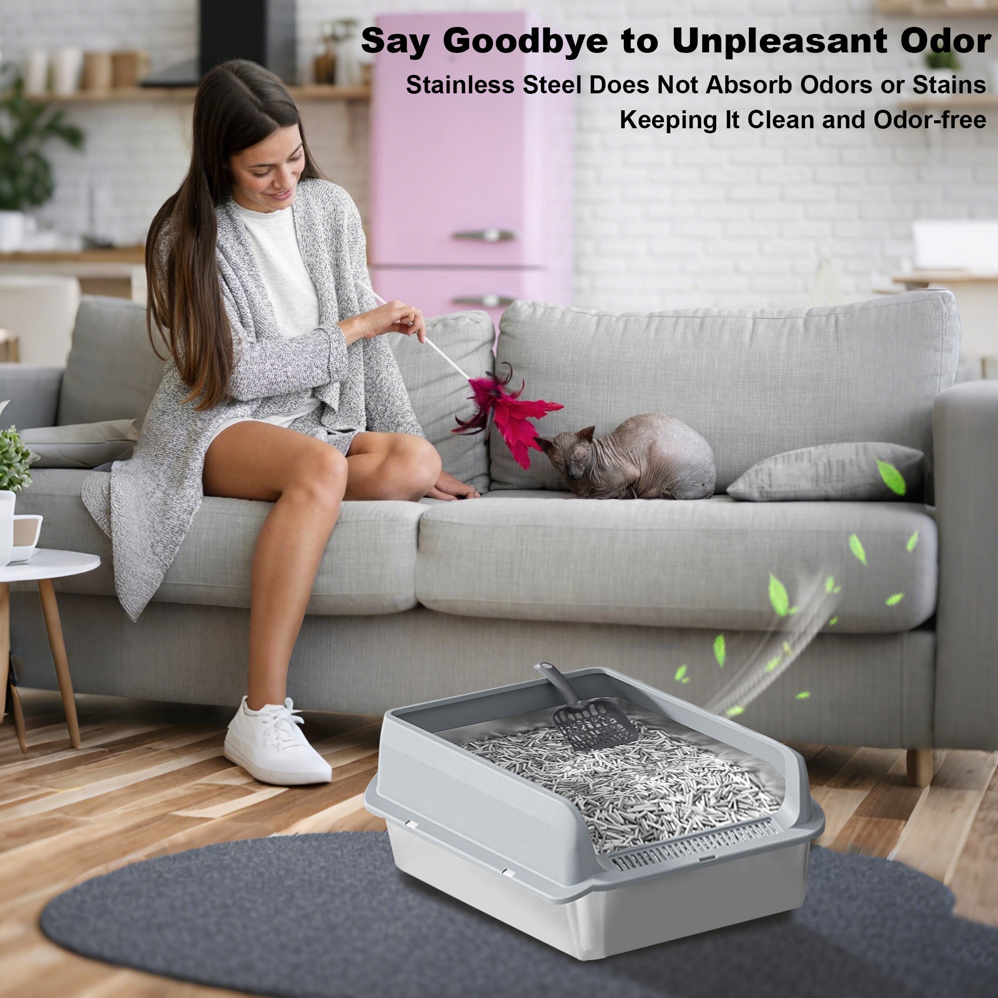 Garvee Stainless Steel Cat Litter Box with Lid, 23.6"x15.8"x9.8" Large Litter Box for Big Cats, Anti Leakage, Odor-Free & Easy Cleaning Metal Litter Pan Include Scoop, Non-Sticky with High Wall Sides-grey