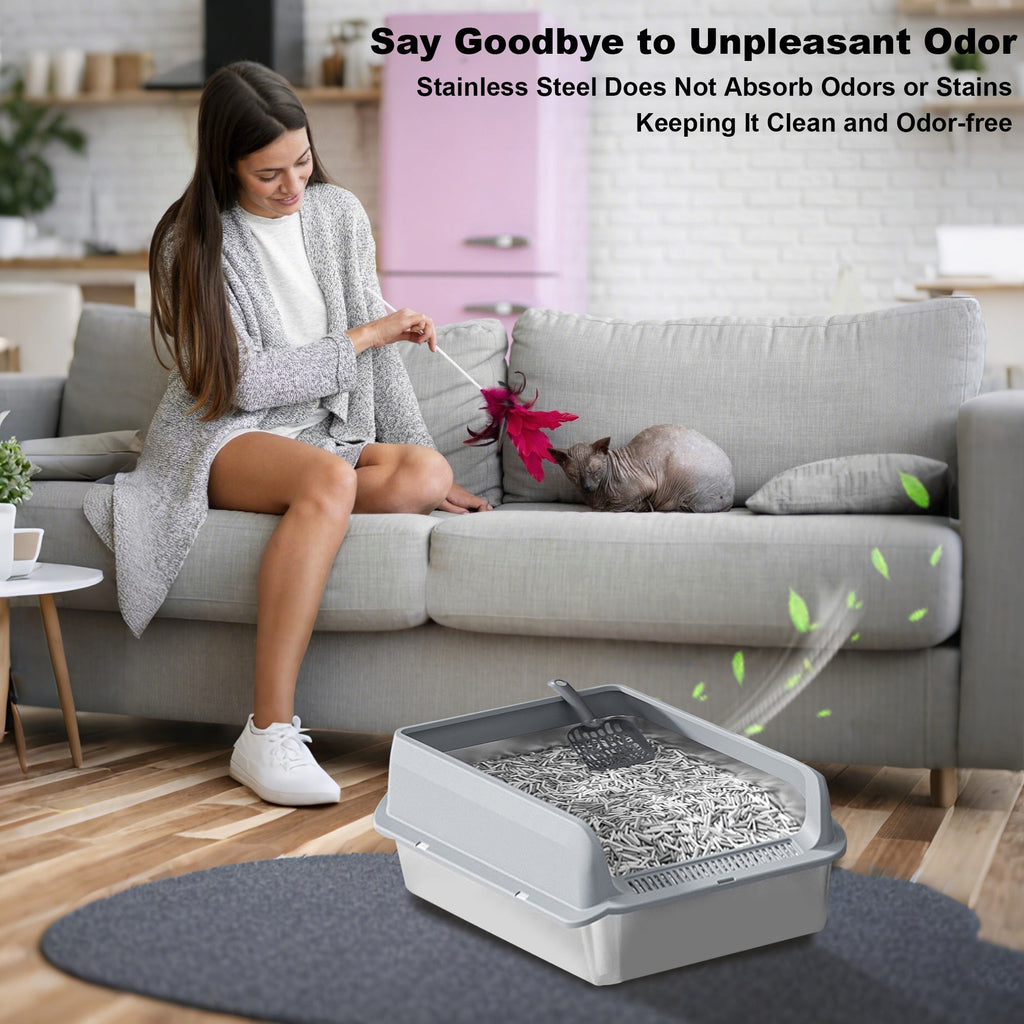 Garvee Stainless Steel Cat Litter Box with Lid, 23.6"x15.8"x11.8" Large Litter Box for Big Cats, Anti Leakage, Odor-Free & Easy Cleaning Metal Litter Pan Include Scoop, Non-Sticky with High Wall Sides-grey