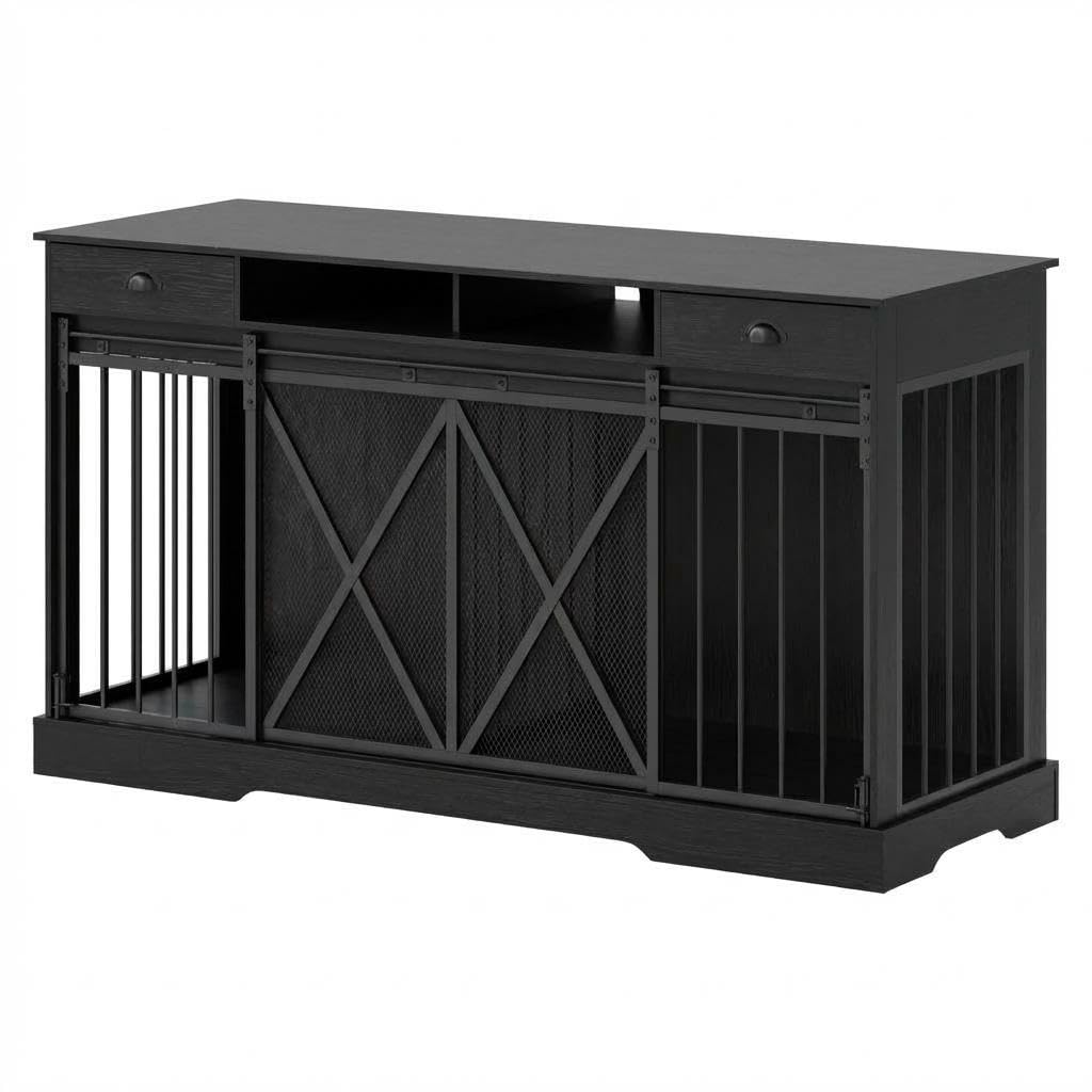 Garvee Heavy Duty Double Dog Crate Furniture for 2 Dogs – Extra Large Wooden Kennel, Removable Divider, Lockable Sliding Doors, Drawers & Shelves, Indoor Pet Cage TV Stand – Black, 63 Inch
