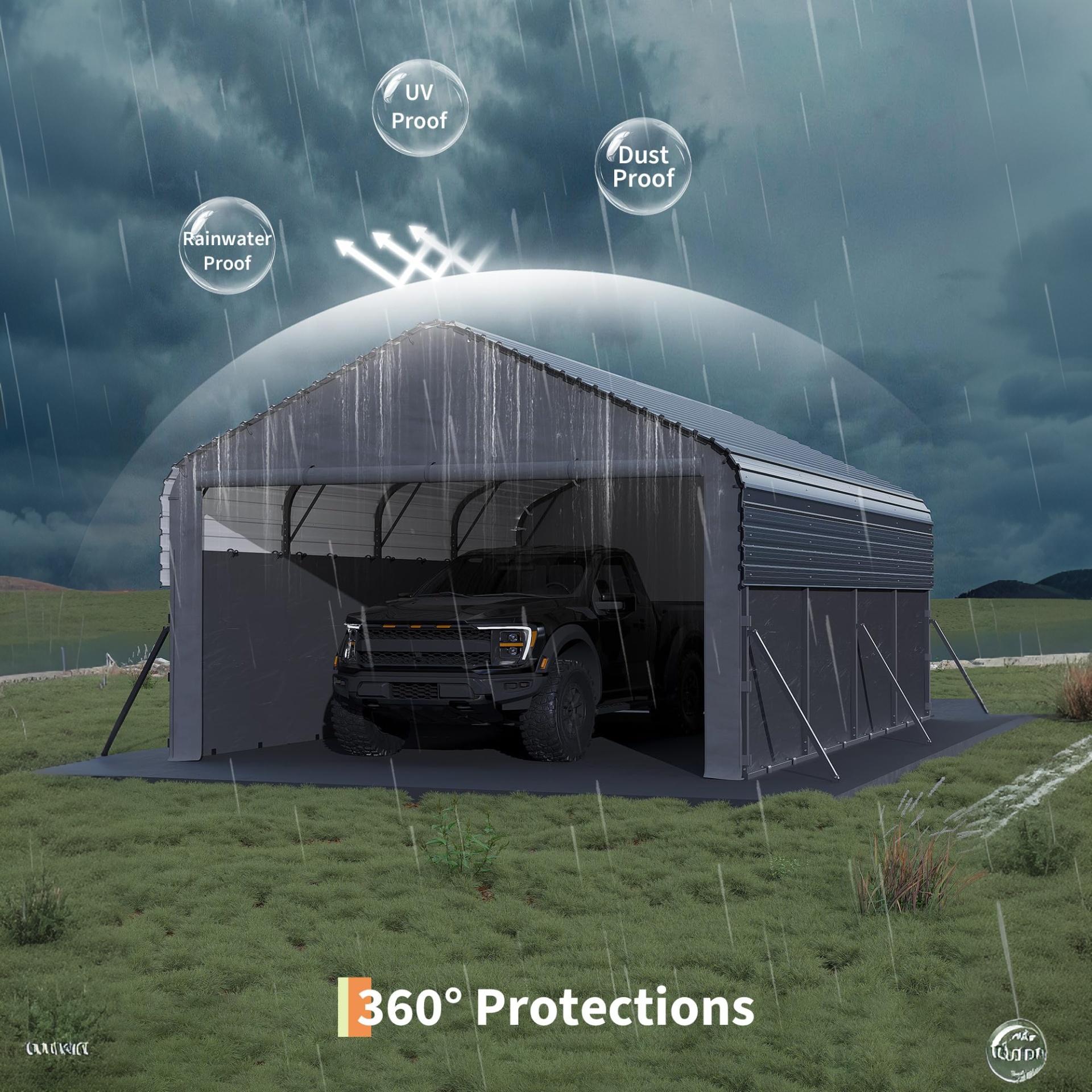 Garvee Heavy Duty 12x20 ft Enclosed Metal Carport – All-Weather Steel Shelter, Waterproof 220g Tarp, Gable End Doors & Sidewalls – Storage for Full-Size Trucks, Boats, Tractors – Single Box, Under 50KG