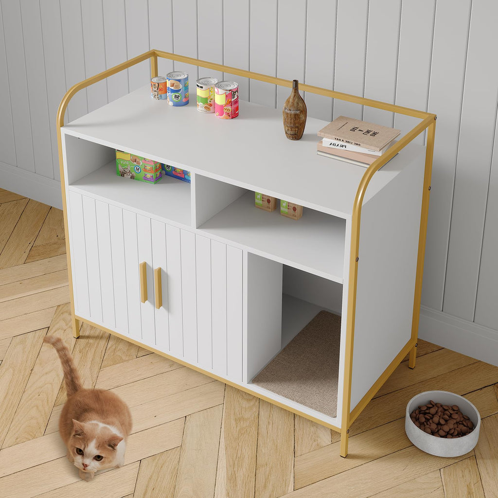 Garvee Cat Litter Box Enclosure, Wooden Cat Washroom Furniture with Barn Door, Storage Shelf and Top Display Shelf, Hidden Litter Box Cover, Dog Proof Feline Litter Boxes, Kitty House, Fits Most Litter Boxes, White