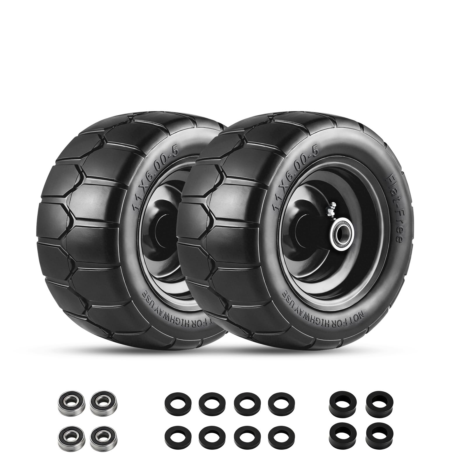 Garvee 2 Pack 11x6.00-5 Flat Free Lawn Mower Tire and Wheel, 353 lbs Load, Polyurethane, Puncture-Proof, 3/4" & 5/8" Bushings, Push Mowers & Garden Carts