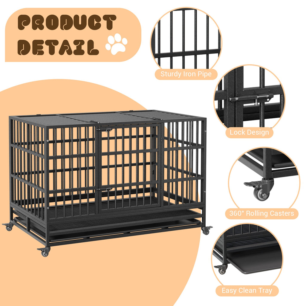 Garvee Heavy Duty Metal Dog Crate – Secure Indestructible Kennel for Small, Medium, Large Dogs, Double Doors, 360° Lockable Wheels, Removable Tray, Easy Assembly, Indoor/Outdoor Use, Size: 48.5inch
