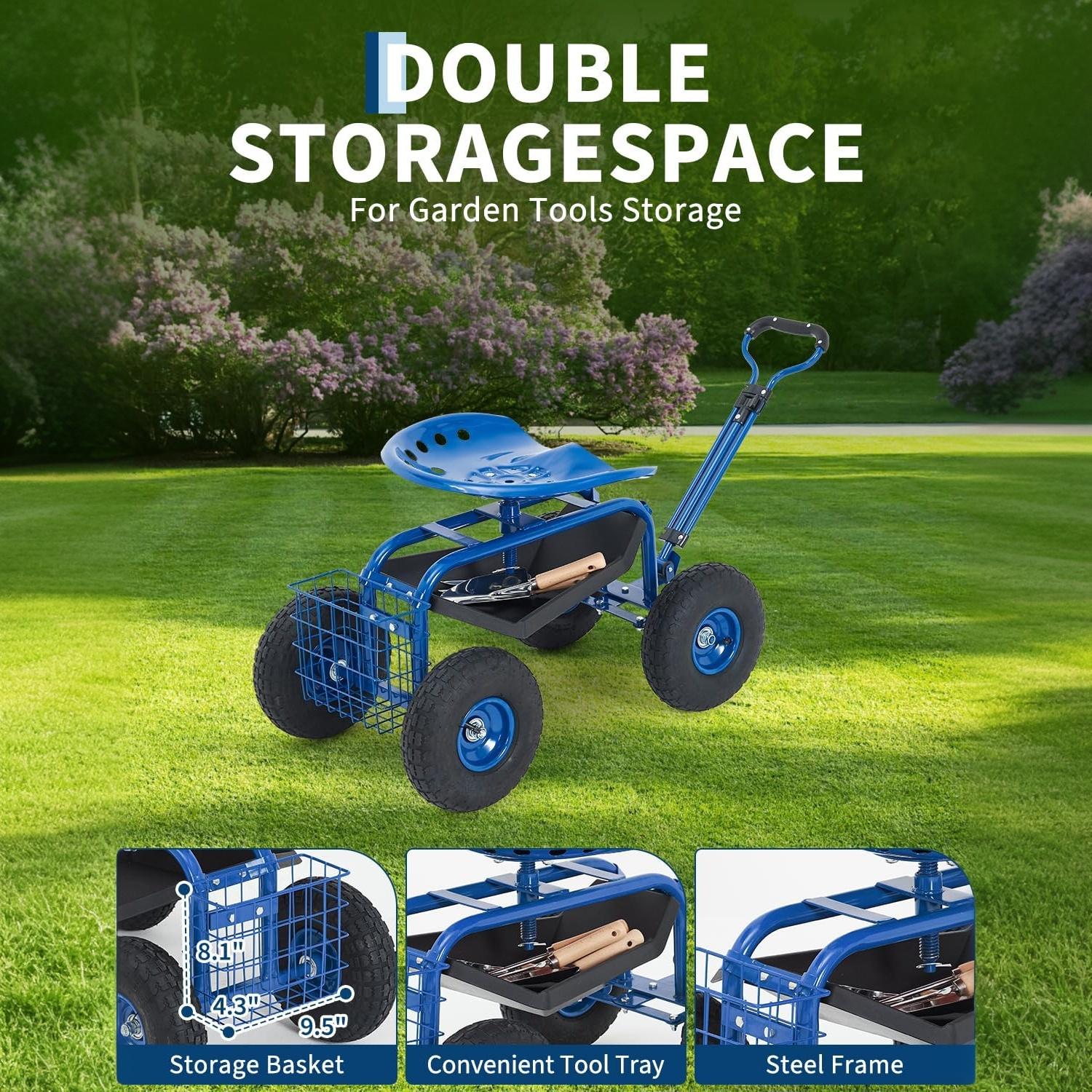 Garvee Blue Rolling Garden Work Seat with Wheels, 360° Swivel Gardening Cart with Extendable Steering Handle, Tool Tray, Storage Basket & 10" Inflatable Tires, 400 lb Capacity Garden Scooter for Yard, Patio & Outdoor Use