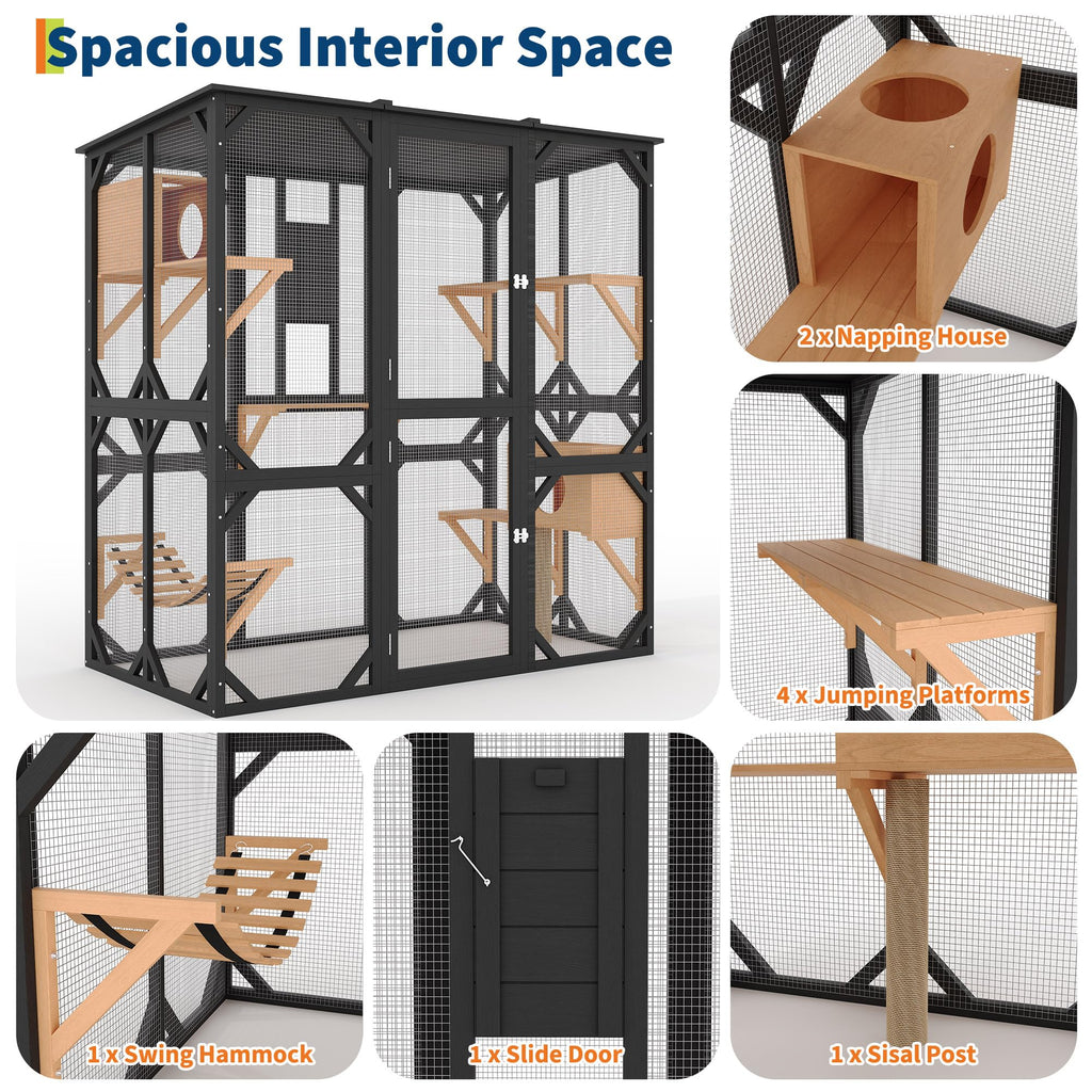 Garvee 70" Large Catio with Window Access, Outdoor Walk-in Cat Enclosure for Cats, Wooden Cat Patio with Asphalt Roof, Platforms, Scratch Post, Bridge & Condo Black
