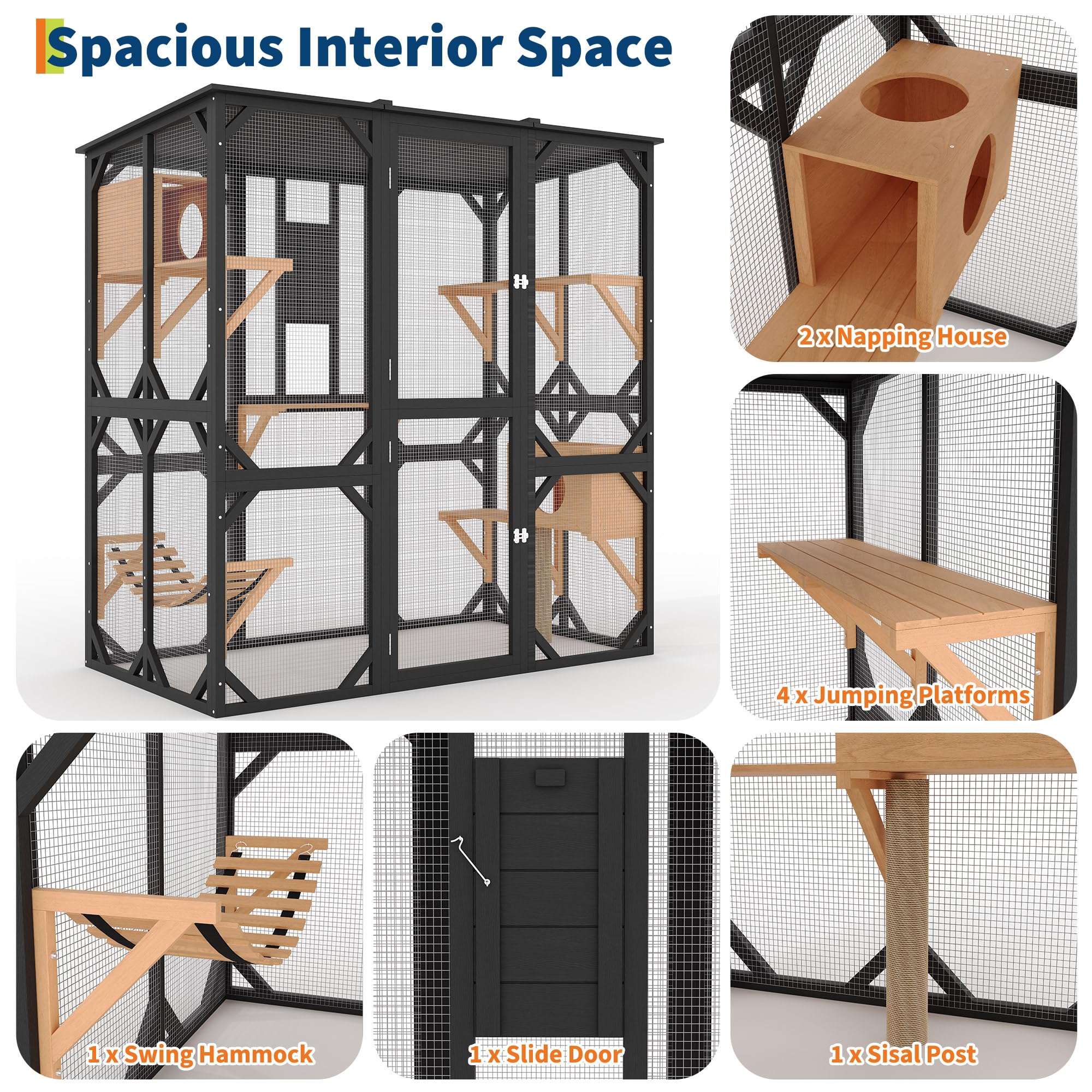 Garvee 70" Large Catio with Window Access, Outdoor Walk-in Cat Enclosure for Cats, Wooden Cat Patio with Asphalt Roof, Platforms, Scratch Post, Bridge & Condo Black