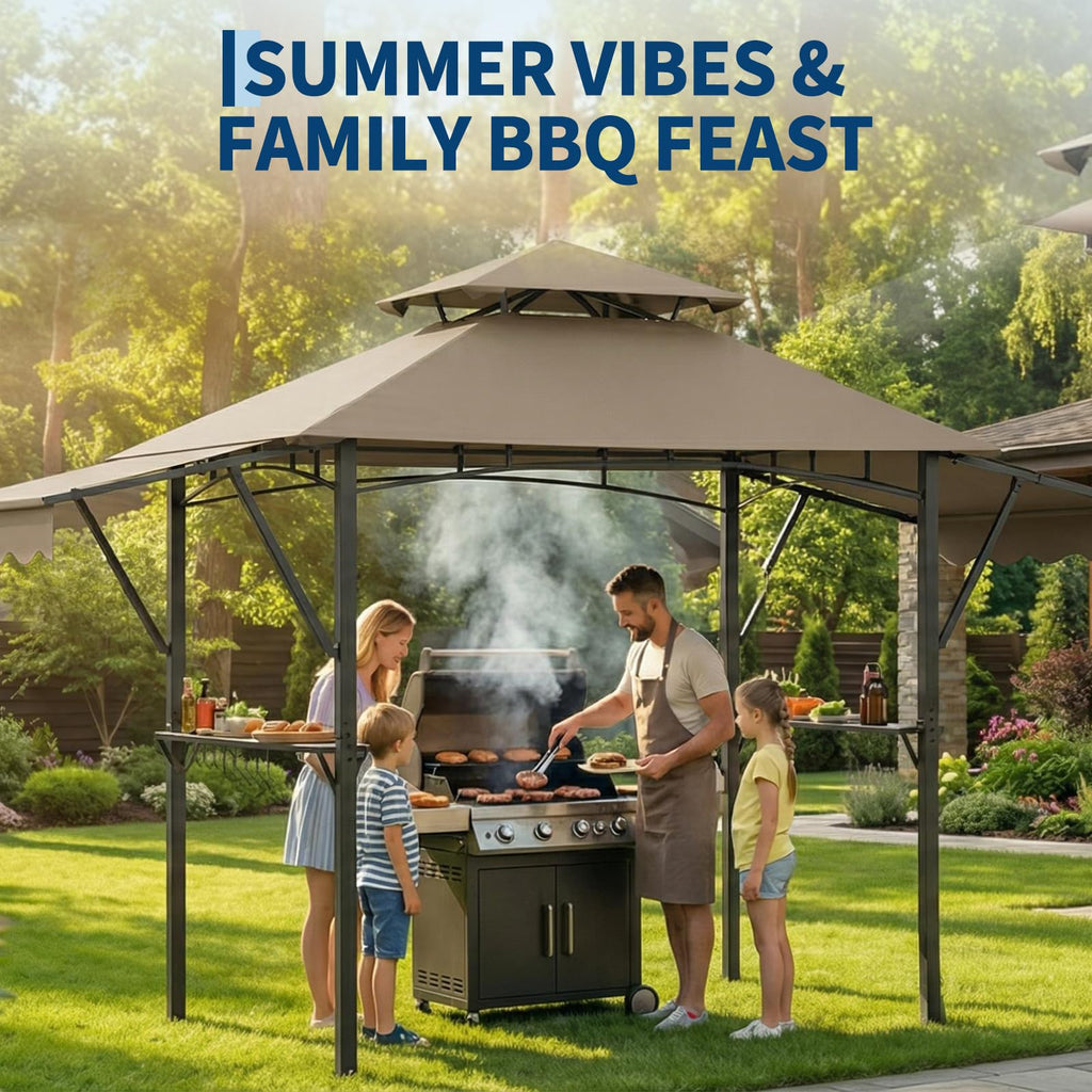 Garvee 8' × 5' Grill Gazebo with Dual Adjustable Awnings, 2-Tier Ventilated Canopy, Steel Frame, 2 Shelves & 7 Hooks, Khaki