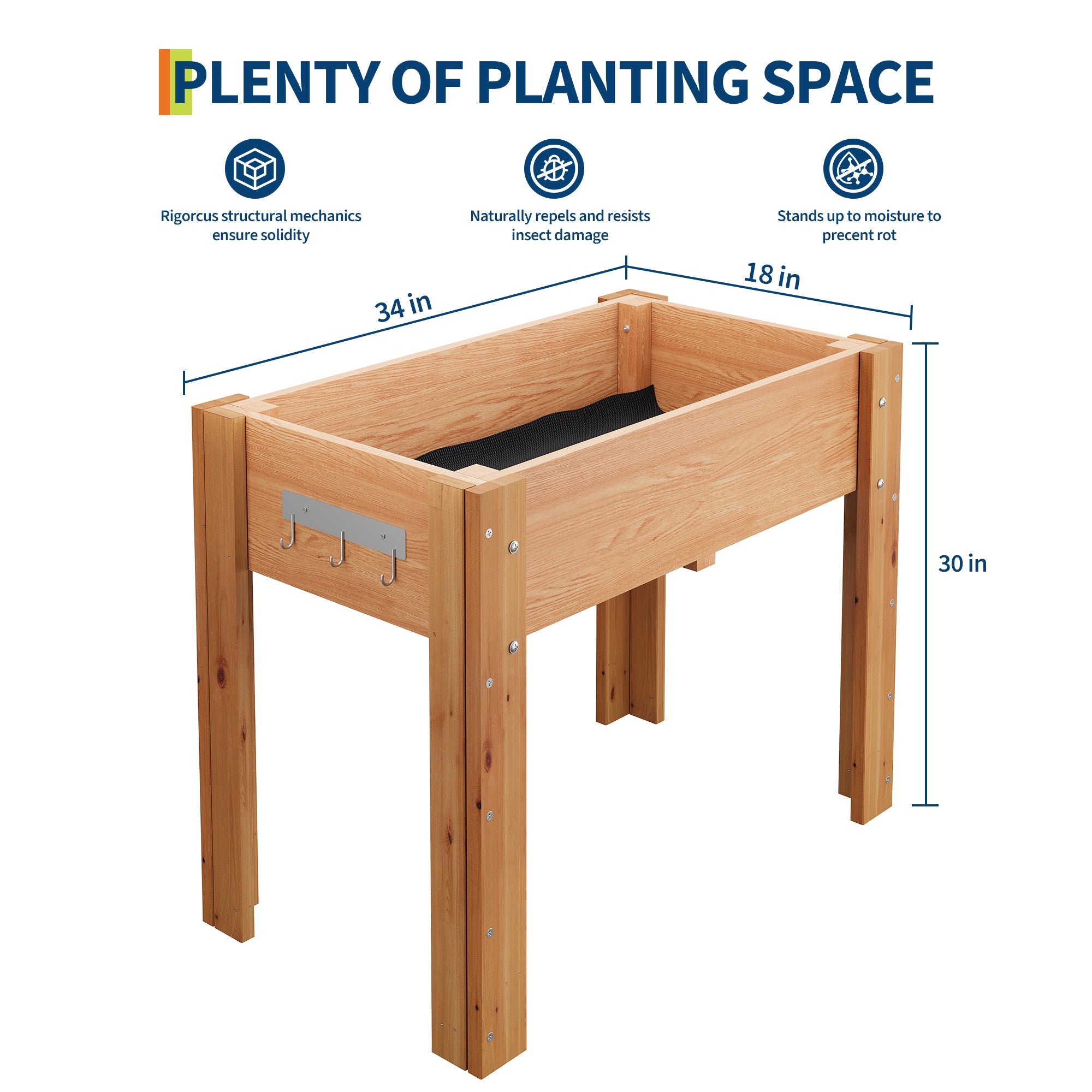 Garvee Ergonomic Elevated Wooden Raised Garden Bed with Legs & Hooks, 34" x 18" x 30" Planter Box with Non-Woven Liner, Easy Assembly for Vegetables, Herbs & Flowers, Oak