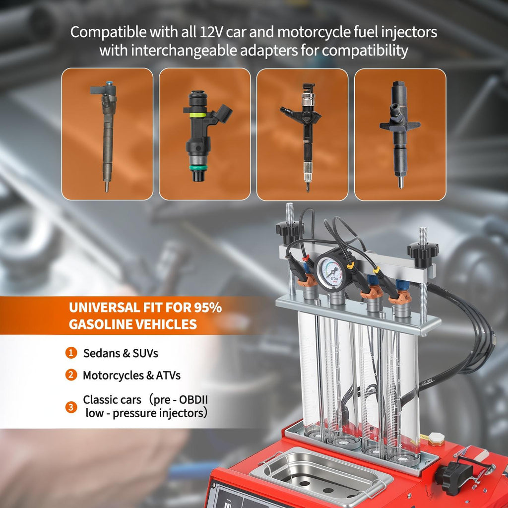 Garvee Fuel Injector Tester & Cleaner, 1-in-1 100W Ultrasonic, Resistance/Flow/Pulse Test, Adjustable 0.1-25ms Pulse Width, for 4 Cylinder Gasoline Engines, Auto Repair Tool