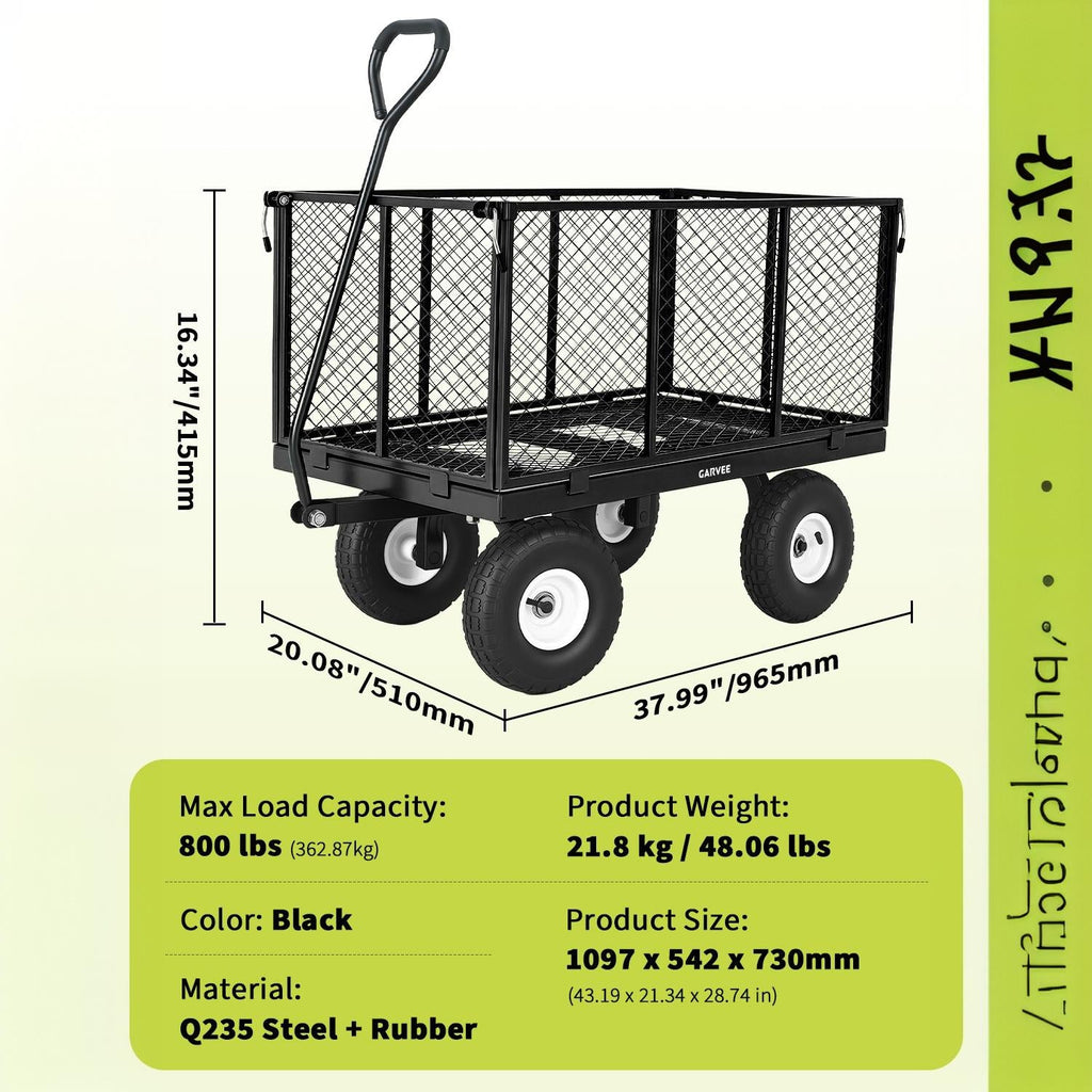 Garvee 800LBS Heavy Duty Steel Garden Cart Wagon with 10" Pneumatic Tires, Removable Mesh Sides, 180° Rotating Handle & Waterproof Bag, Utility Yard Trailer for Lawn, Garden & Farm, Black