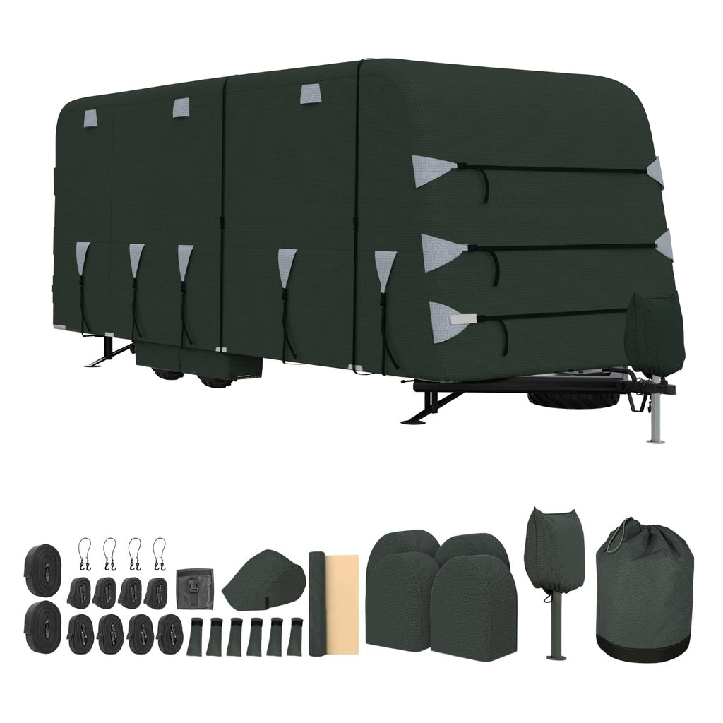Garvee 18-20FT Heavy-Duty Travel Trailer Cover, 4-Layer Oxford Waterproof, Breathable, UV-Resistant, and Tear-Resistant RV Storage Cover with Windproof Straps and 6 Zipper Panels, Green