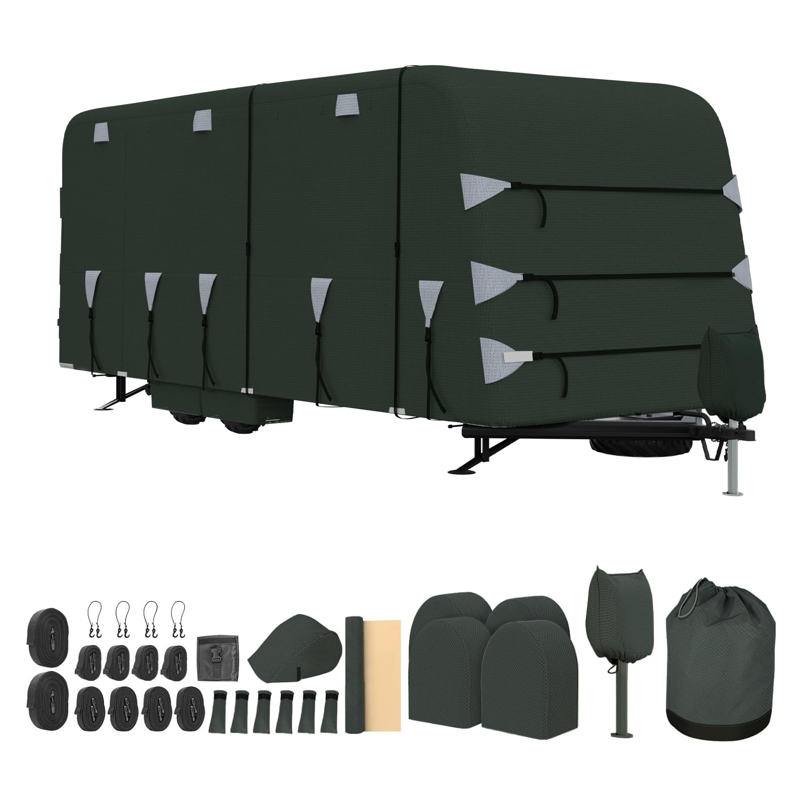 Garvee 27-30FT Heavy-Duty Trailer Cover for Campers, 4-Ply Oxford RV Cover with Waterproof Roof, Breathable Side Vents, UV Protection, Tie-Down Straps, Zipper Access, Tire Covers, and Storage Bag, Green